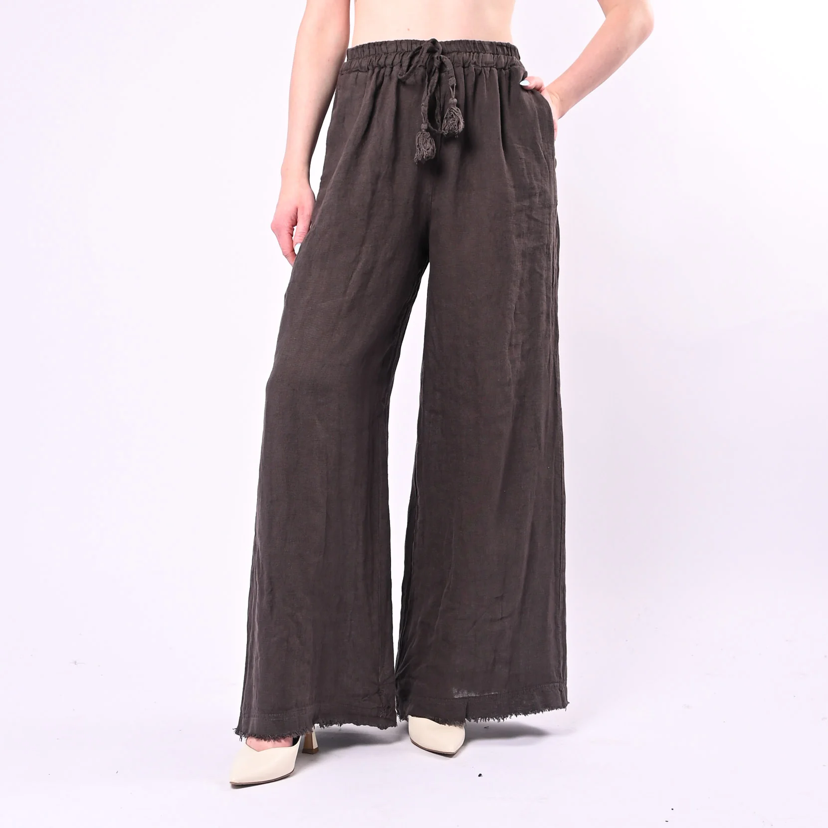 MOTEL - PANTALONE IN LINO PALAZZO CON COULISSE ART.S26PE37/C - CIOCCOLATO