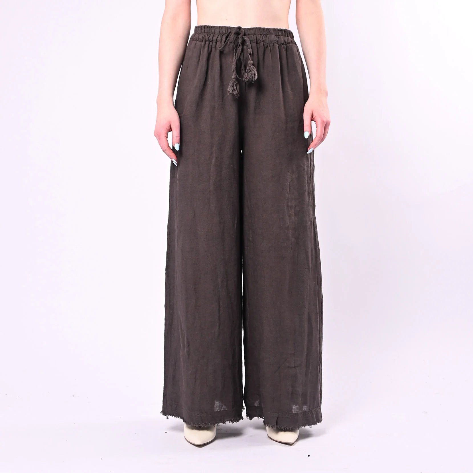 MOTEL - PANTALONE IN LINO PALAZZO CON COULISSE ART.S26PE37/C - CIOCCOLATO - Image 2