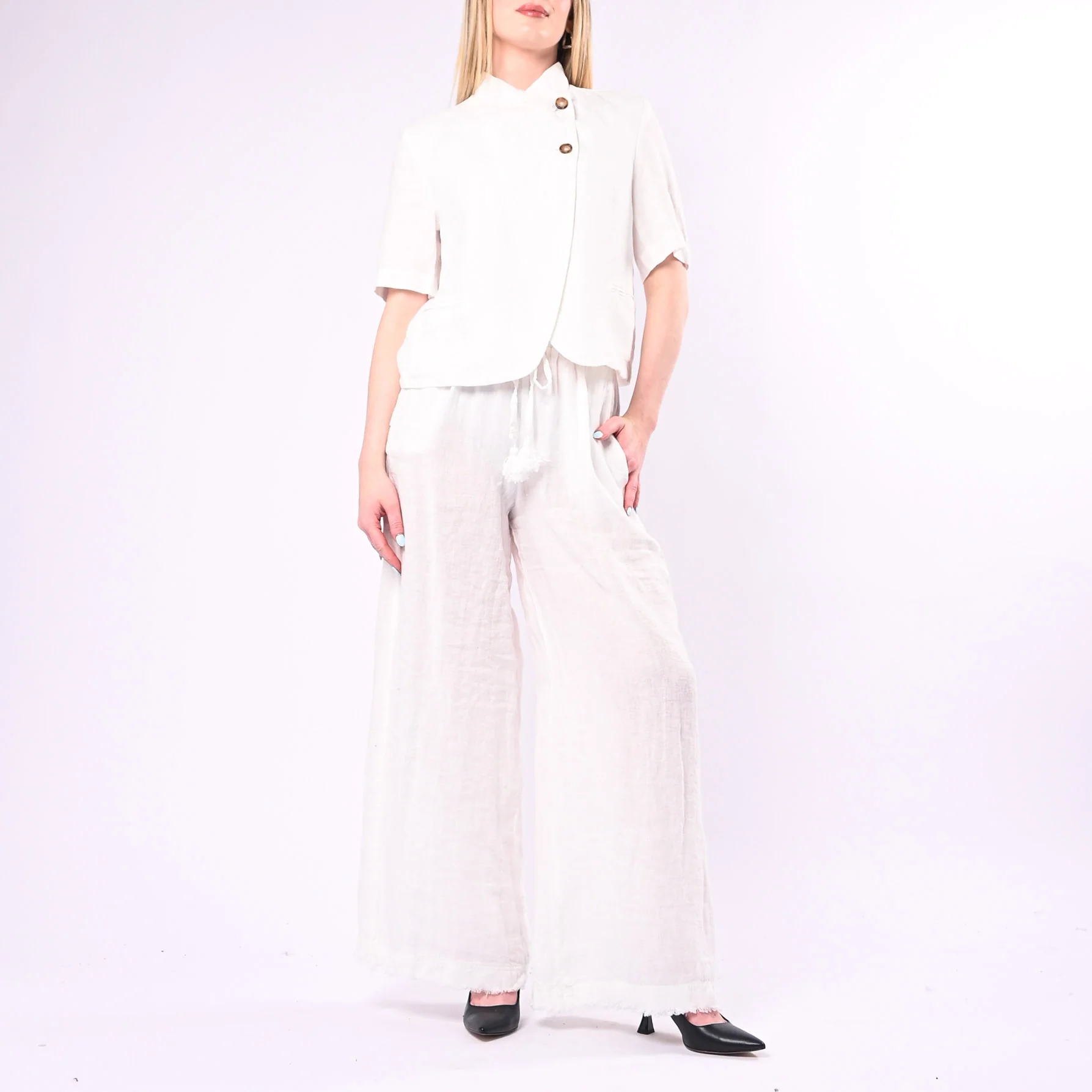 MOTEL - PANTALONE IN LINO PALAZZO CON COULISSE ART.S26PE37/P - PANNA - Image 6