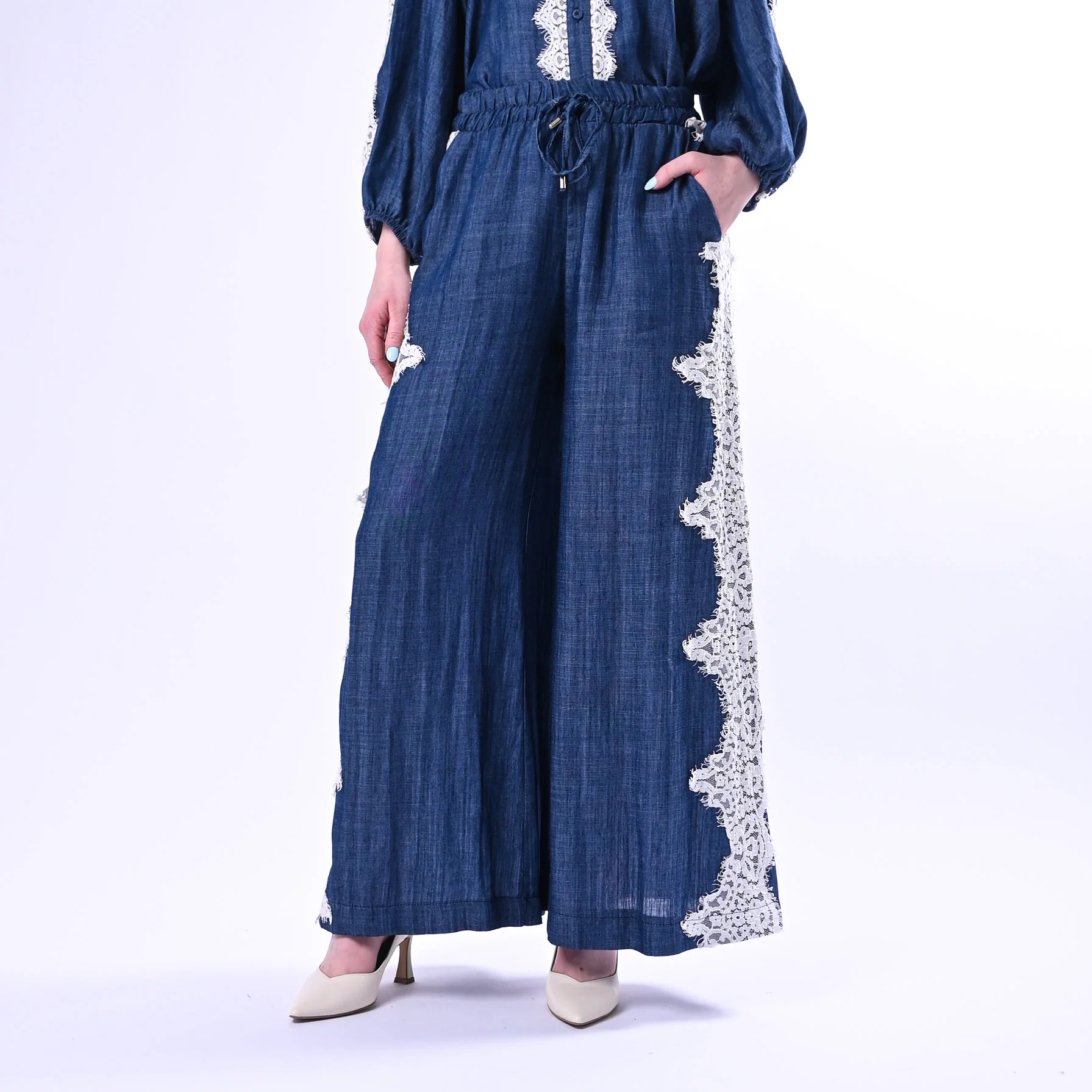 MOTEL - PANTALONE PALAZZO CHAMBRAY INSERTI PIZZO ART.S26PA62/J - JEANS