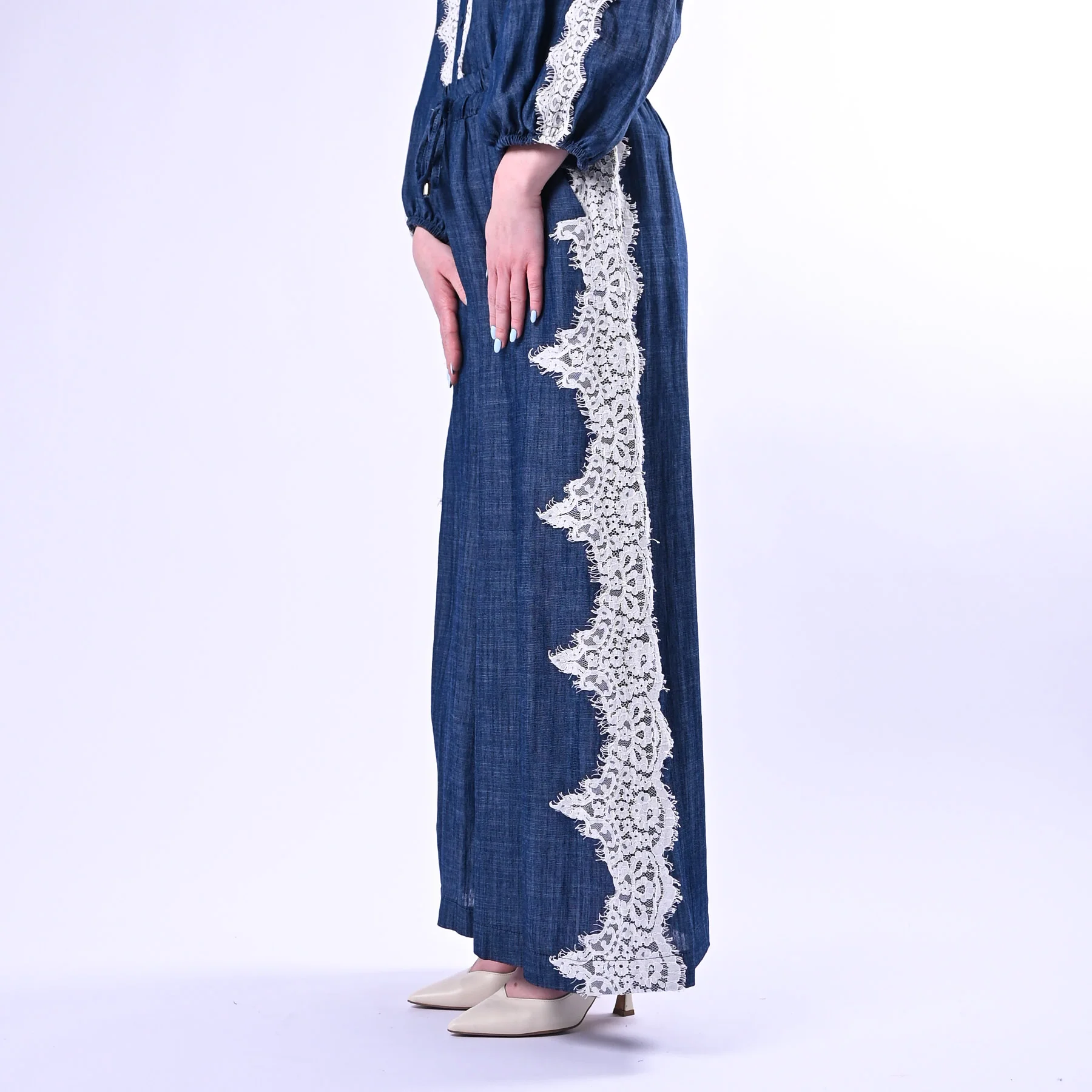 MOTEL - PANTALONE PALAZZO CHAMBRAY INSERTI PIZZO ART.S26PA62/J - JEANS - Image 3