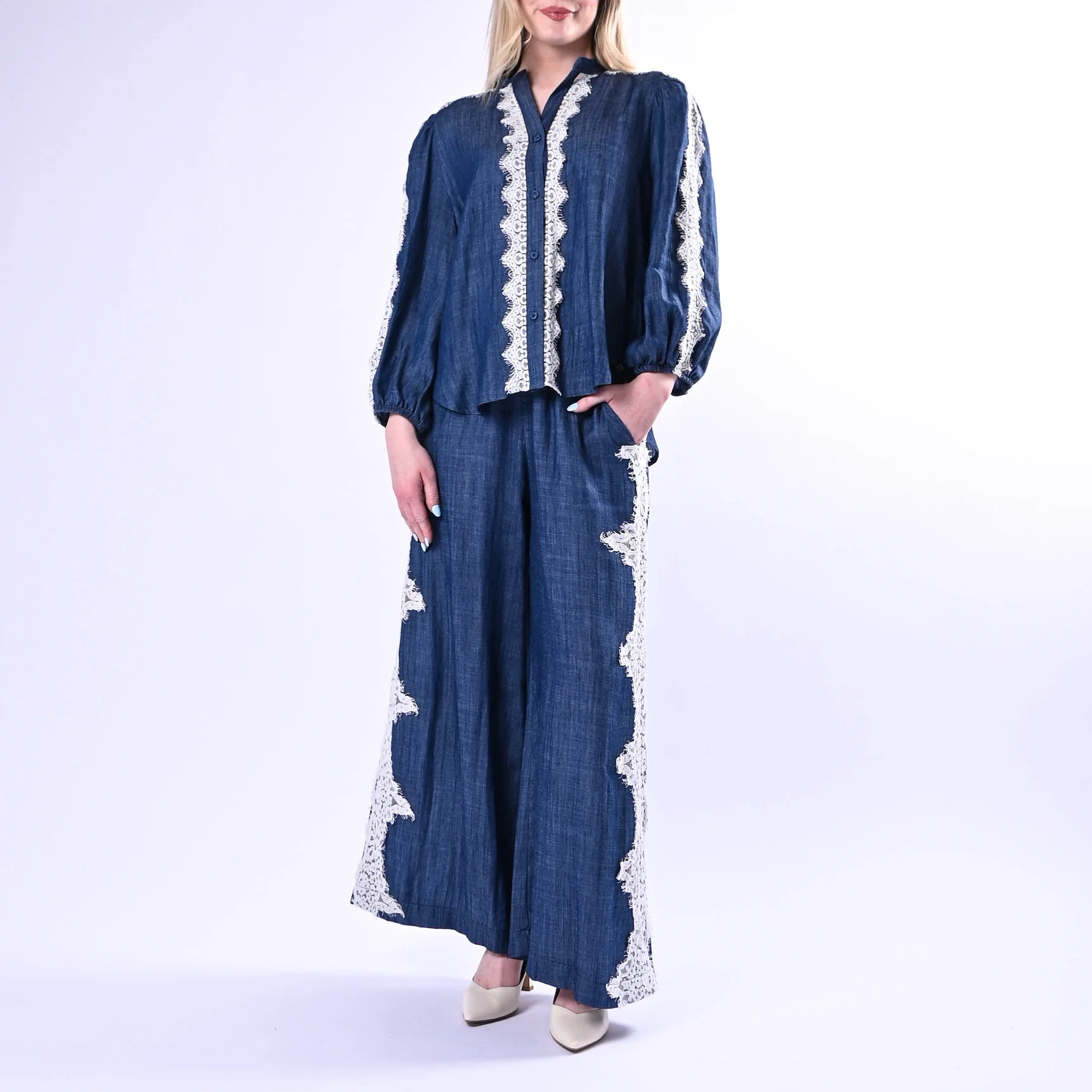 MOTEL - PANTALONE PALAZZO CHAMBRAY INSERTI PIZZO ART.S26PA62/J - JEANS - Image 6