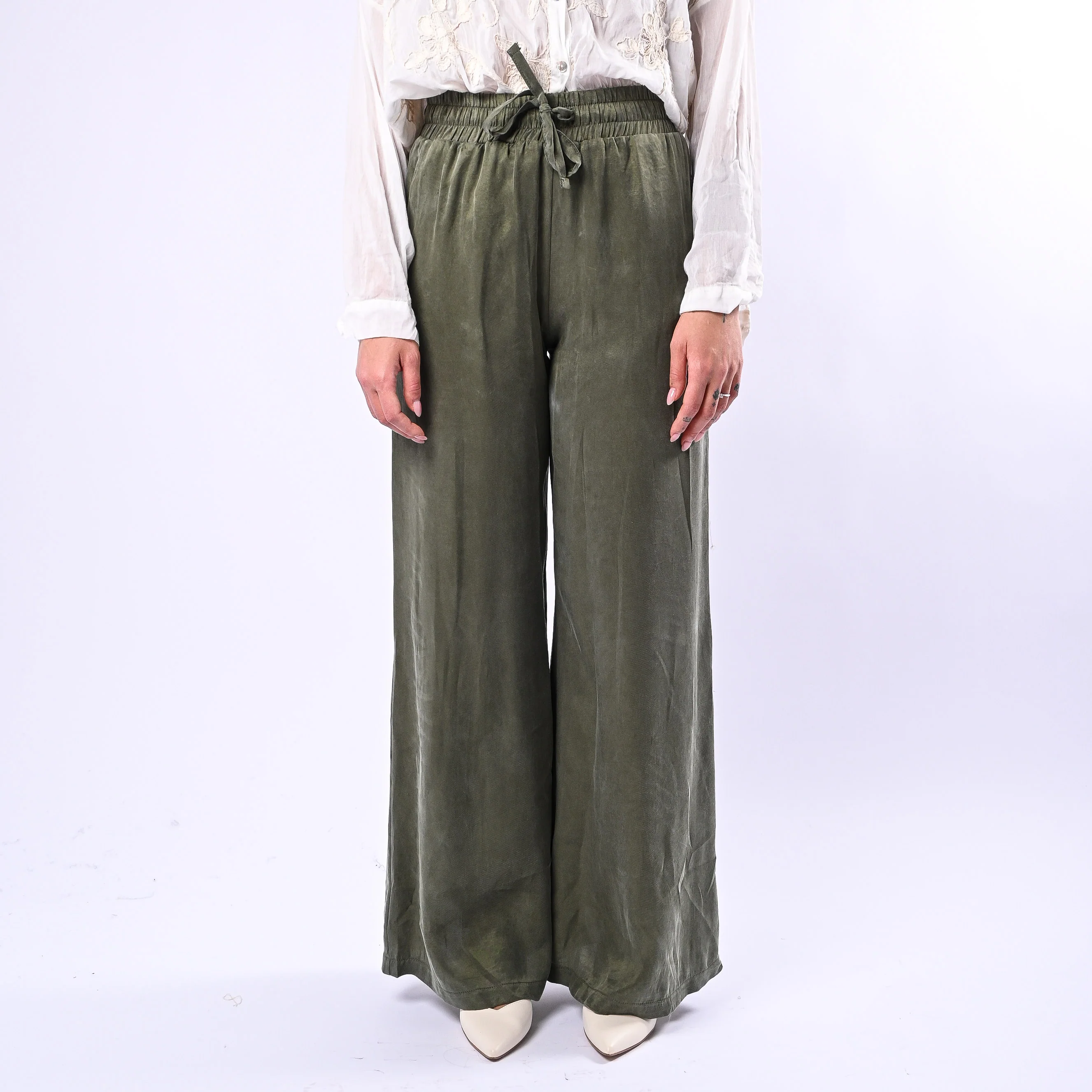 MOTEL - PANTALONE PALAZZO CON COULISSE IN CUPRO ART.HS710 - MILITARE - Image 2