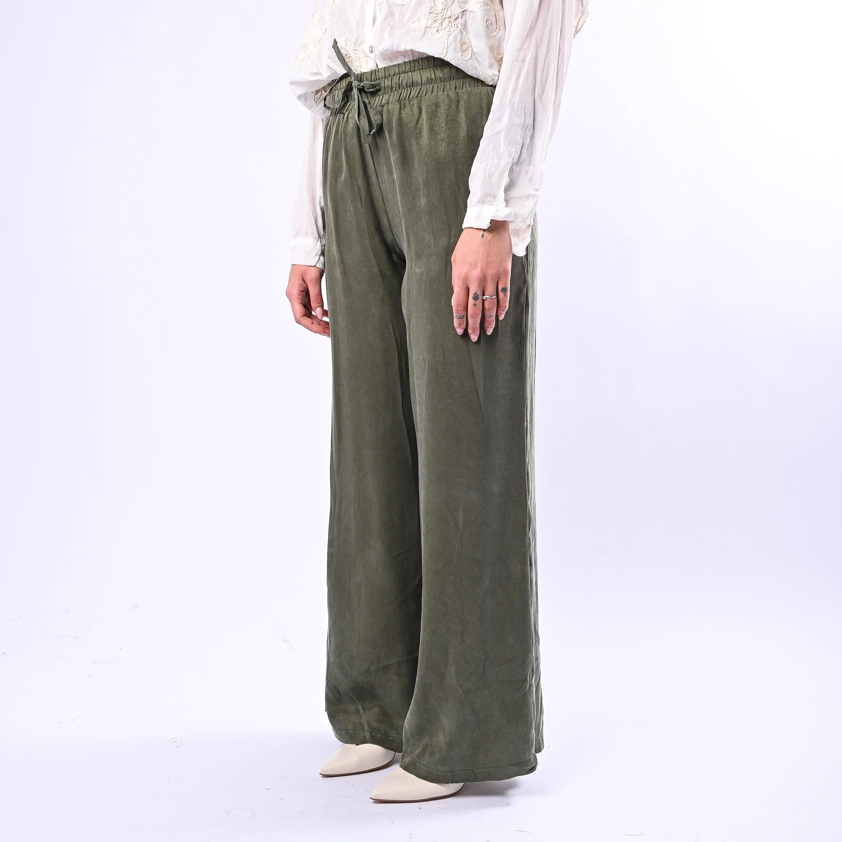 MOTEL - PANTALONE PALAZZO CON COULISSE IN CUPRO ART.HS710 - MILITARE - Image 3