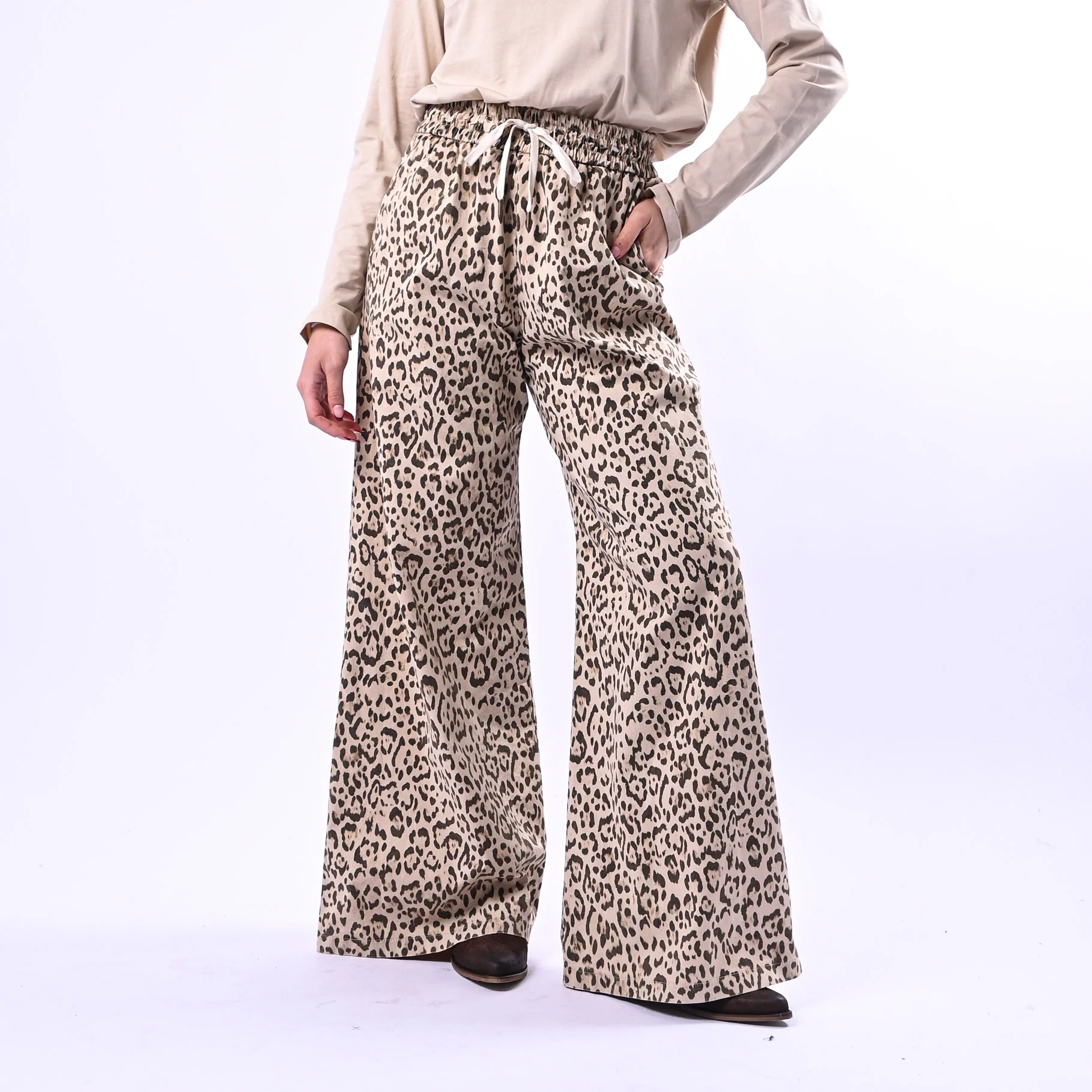 MOTEL - PANTALONE PALAZZO FANTASIA ANIMALIER ART.OZ1032 - BEIGE/MORO