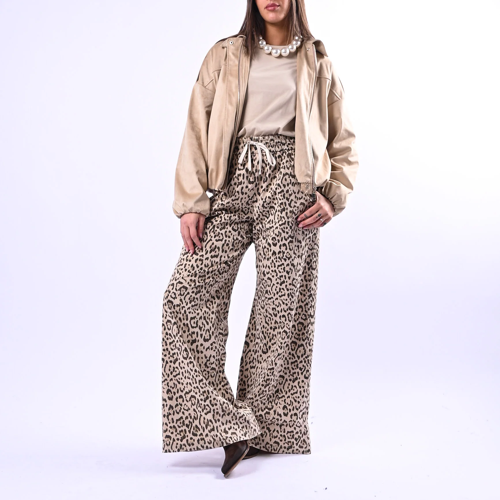 MOTEL - PANTALONE PALAZZO FANTASIA ANIMALIER ART.OZ1032 - BEIGE/MORO - Image 6