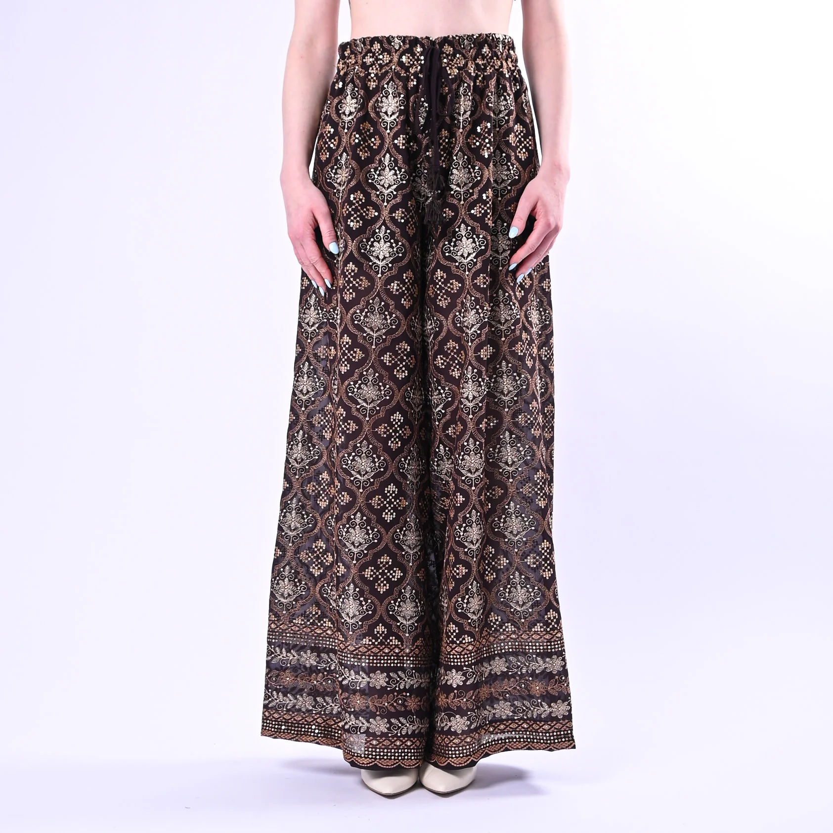 MOTEL - PANTALONE PALAZZO RICAMO ETNICO ART.S26PC37/M - MORO - Image 2
