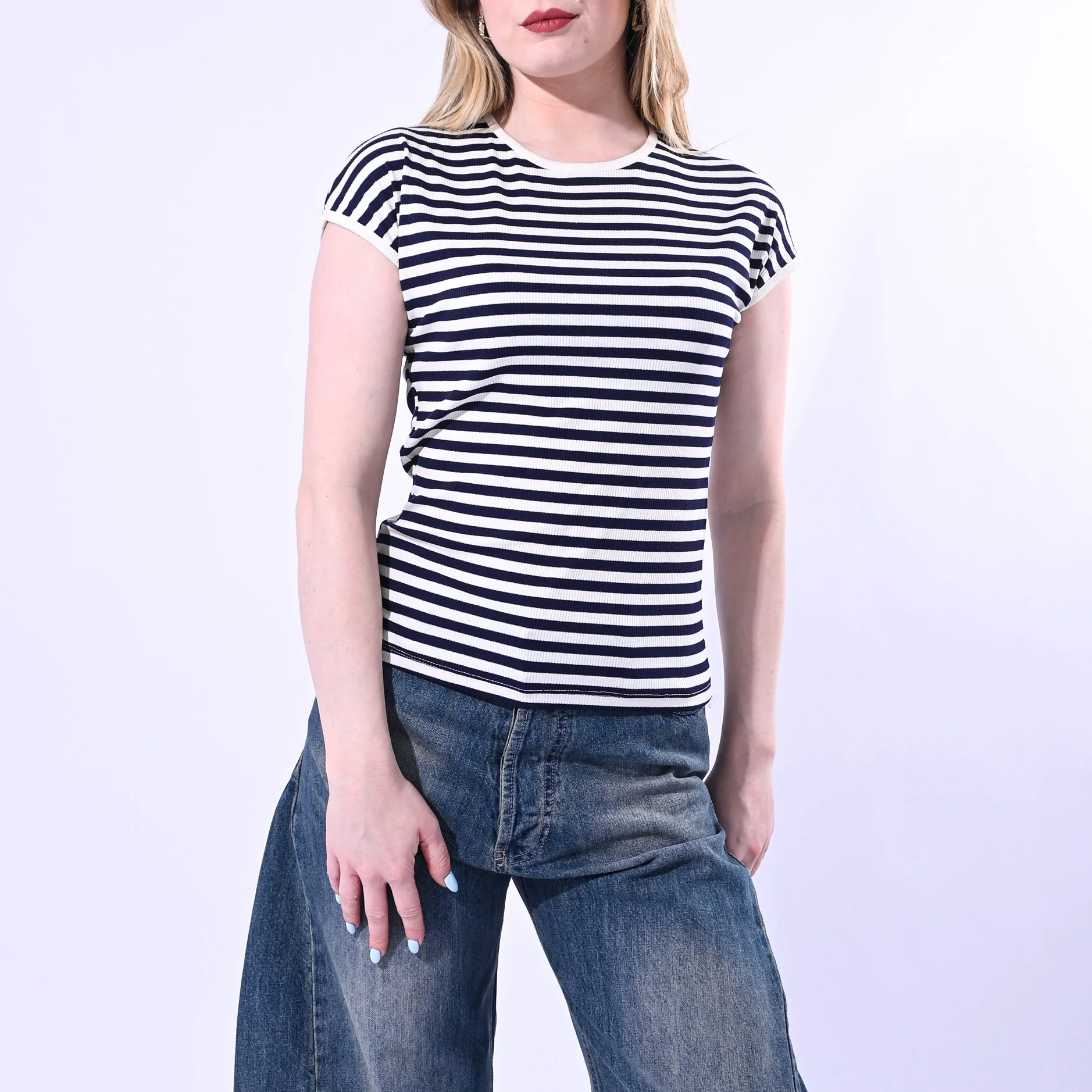 MOTEL - T-SHIRT GIROCOLLO COSTINA A RIGHE ART. 1304J/PB - PANNA/BLU