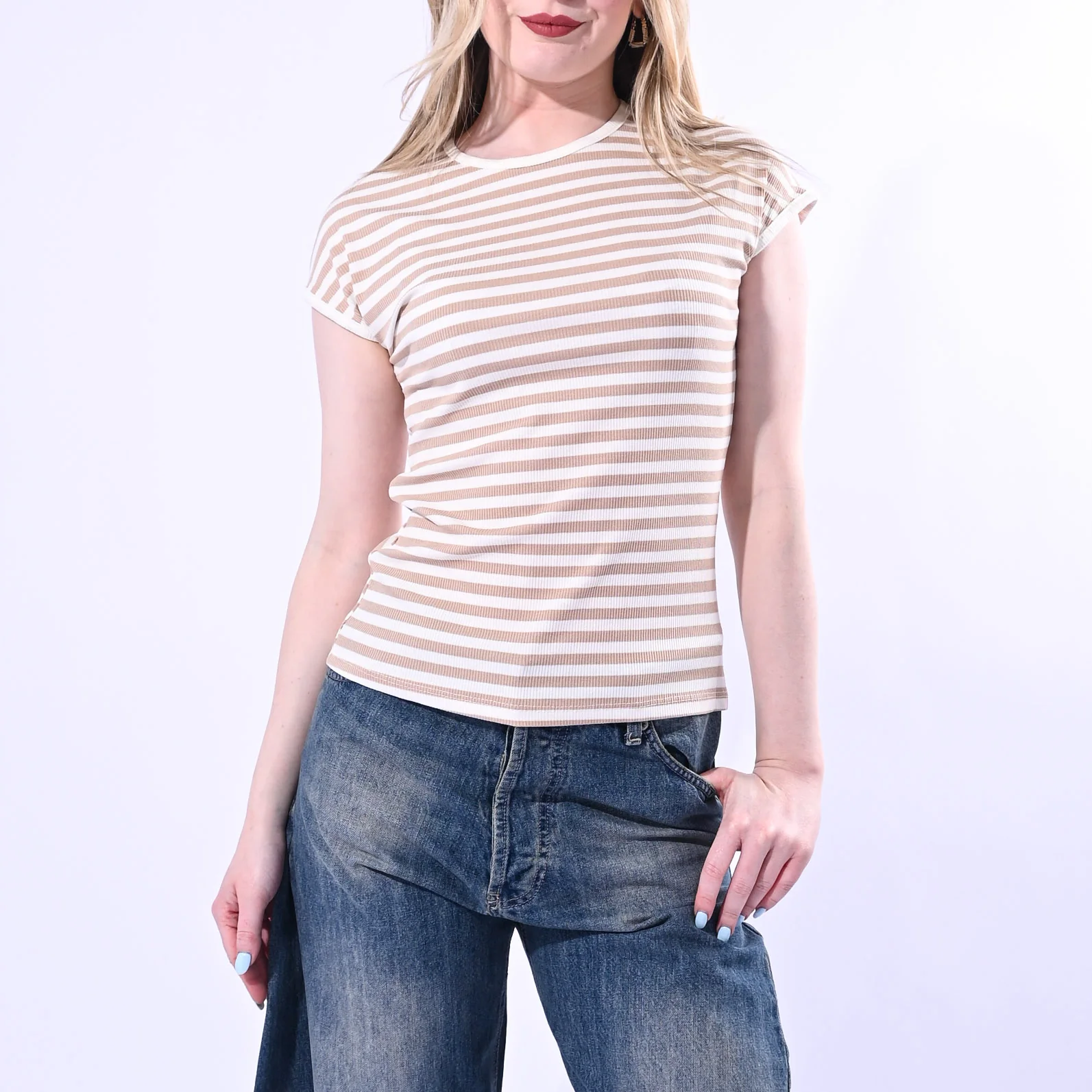 MOTEL - T-SHIRT GIROCOLLO COSTINA A RIGHE ART. 1304J/PBE - PANNA/BEIGE