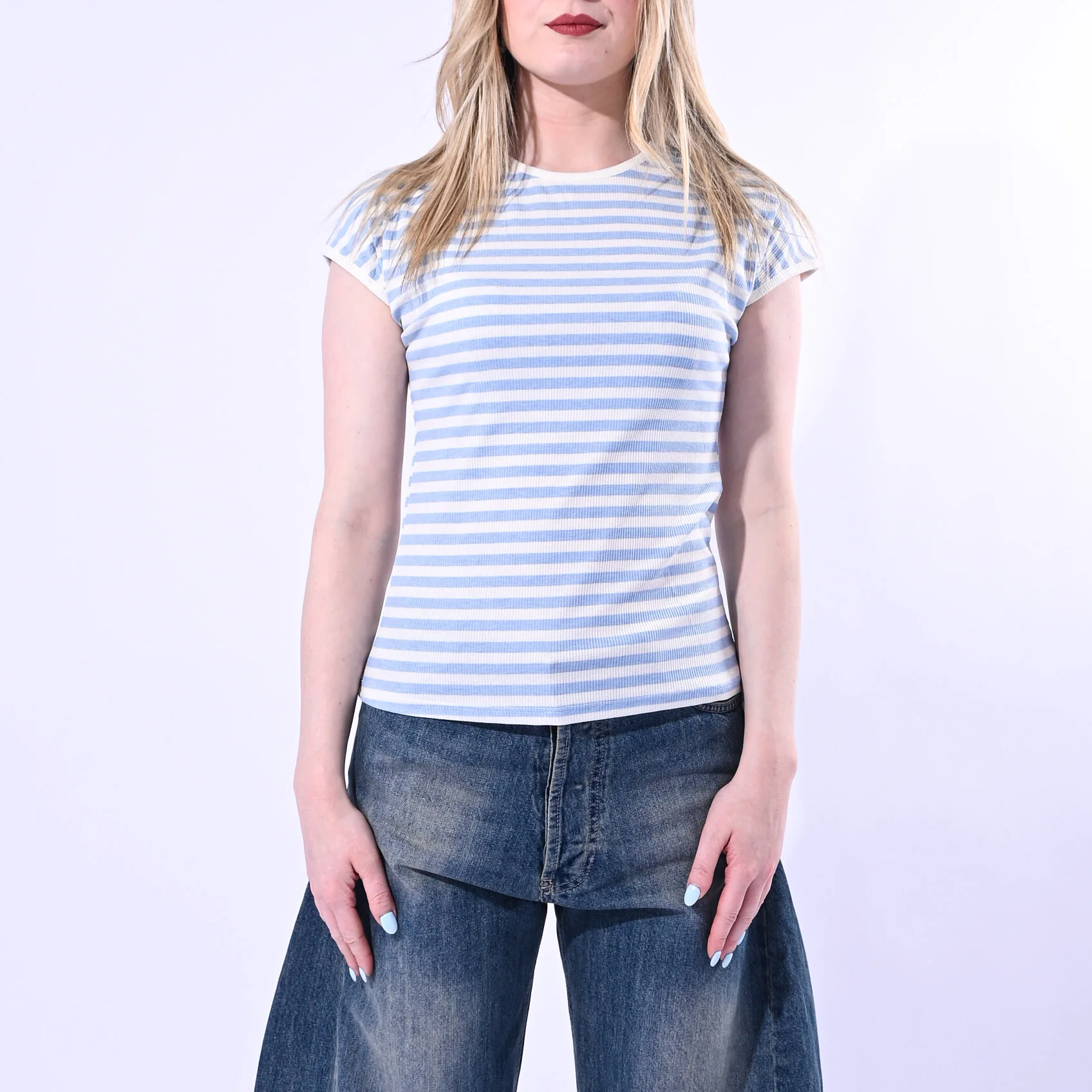MOTEL - T-SHIRT GIROCOLLO COSTINA A RIGHE ART. 1304J/PC - PANNA/CELESTE - Image 2