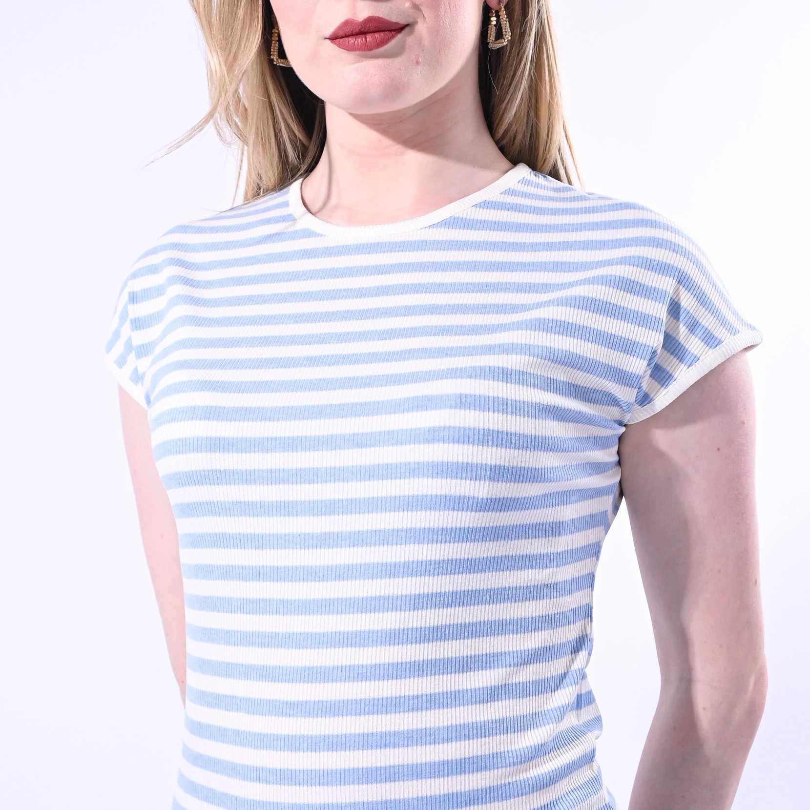 MOTEL - T-SHIRT GIROCOLLO COSTINA A RIGHE ART. 1304J/PC - PANNA/CELESTE - Image 5