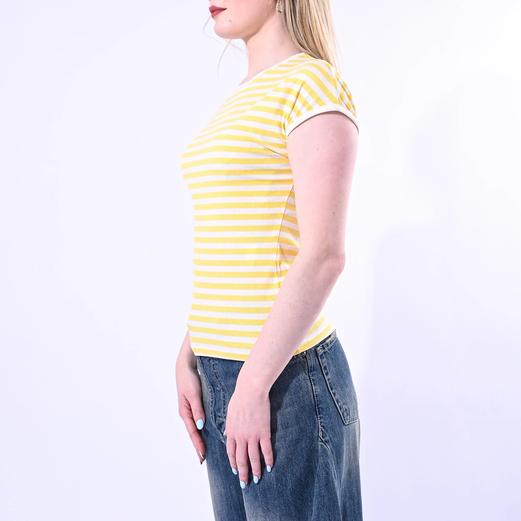 MOTEL - T-SHIRT GIROCOLLO COSTINA A RIGHE ART. 1304J/PG - PANNA/GIALLO - Image 3