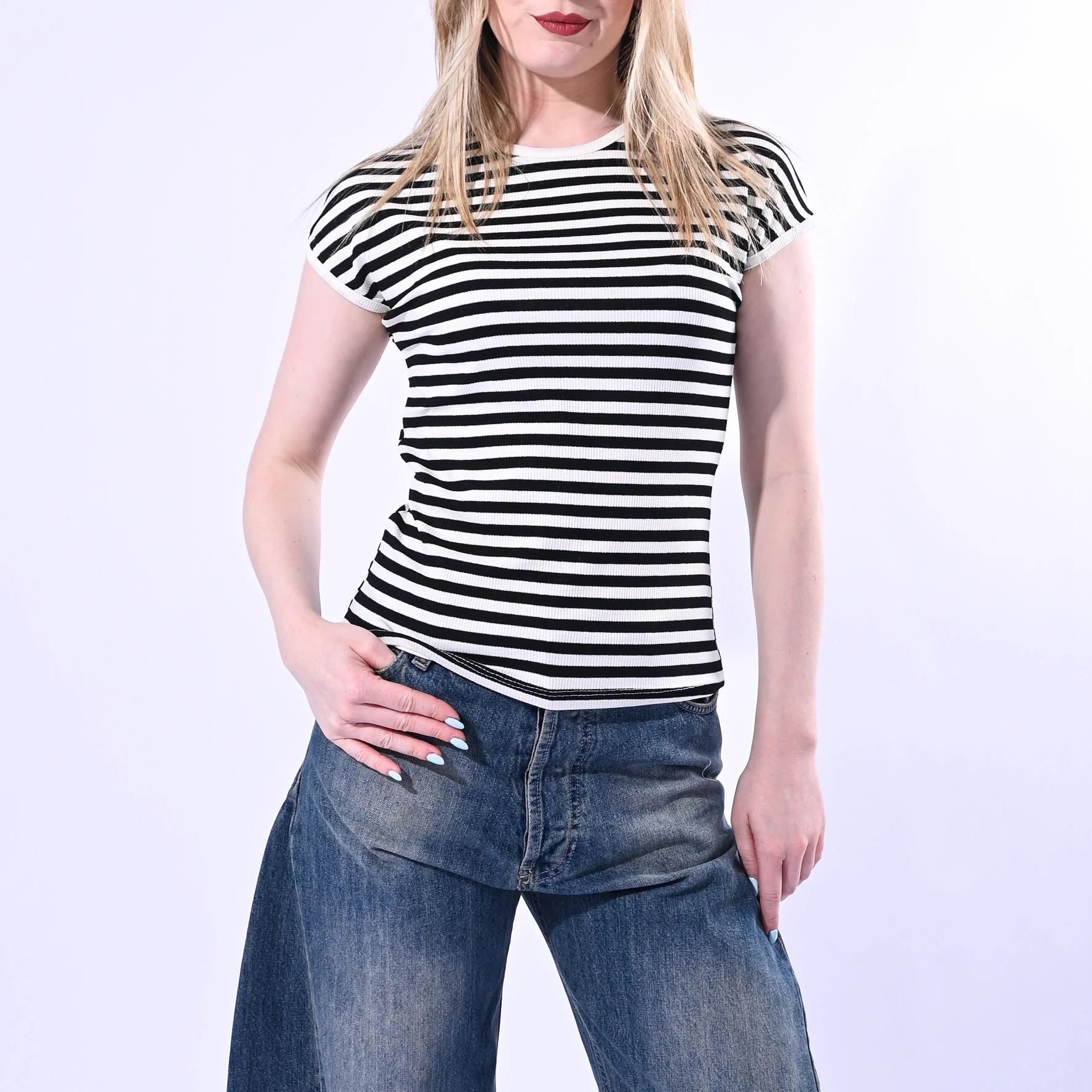 MOTEL - T-SHIRT GIROCOLLO COSTINA A RIGHE ART. 1304J/PN - PANNA/NERO