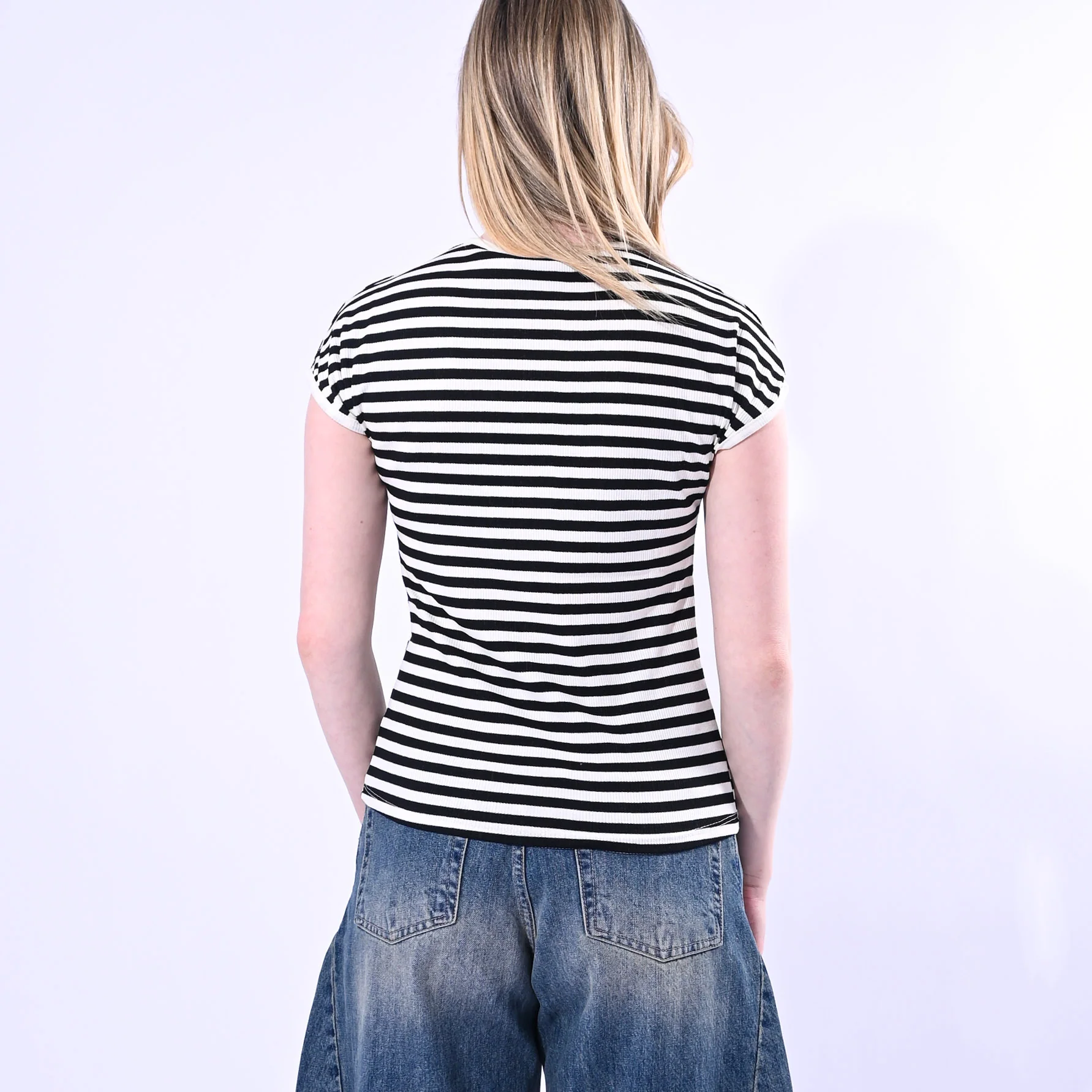 MOTEL - T-SHIRT GIROCOLLO COSTINA A RIGHE ART. 1304J/PN - PANNA/NERO - Image 4