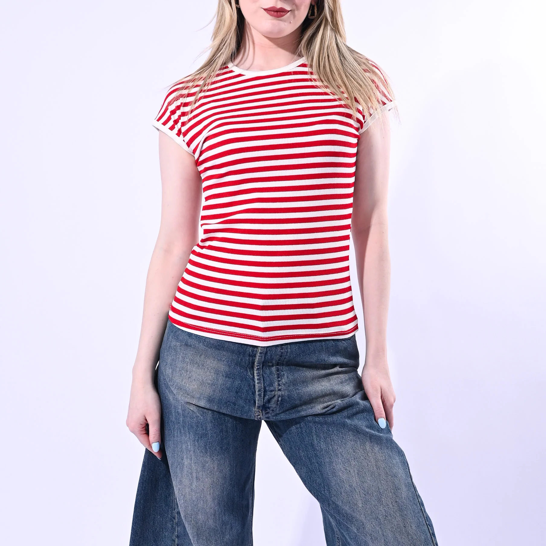 MOTEL - T-SHIRT GIROCOLLO COSTINA A RIGHE ART. 1304J/PR - PANNA/ROSSO
