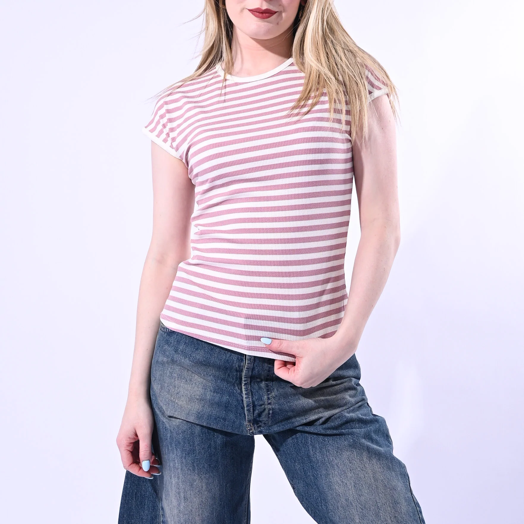 MOTEL - T-SHIRT GIROCOLLO COSTINA A RIGHE ART. 1304J/PRO - PANNA/ROSA