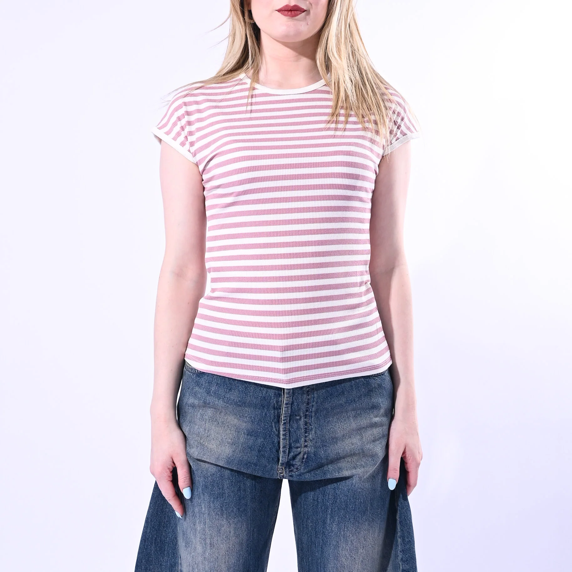 MOTEL - T-SHIRT GIROCOLLO COSTINA A RIGHE ART. 1304J/PRO - PANNA/ROSA - Image 2