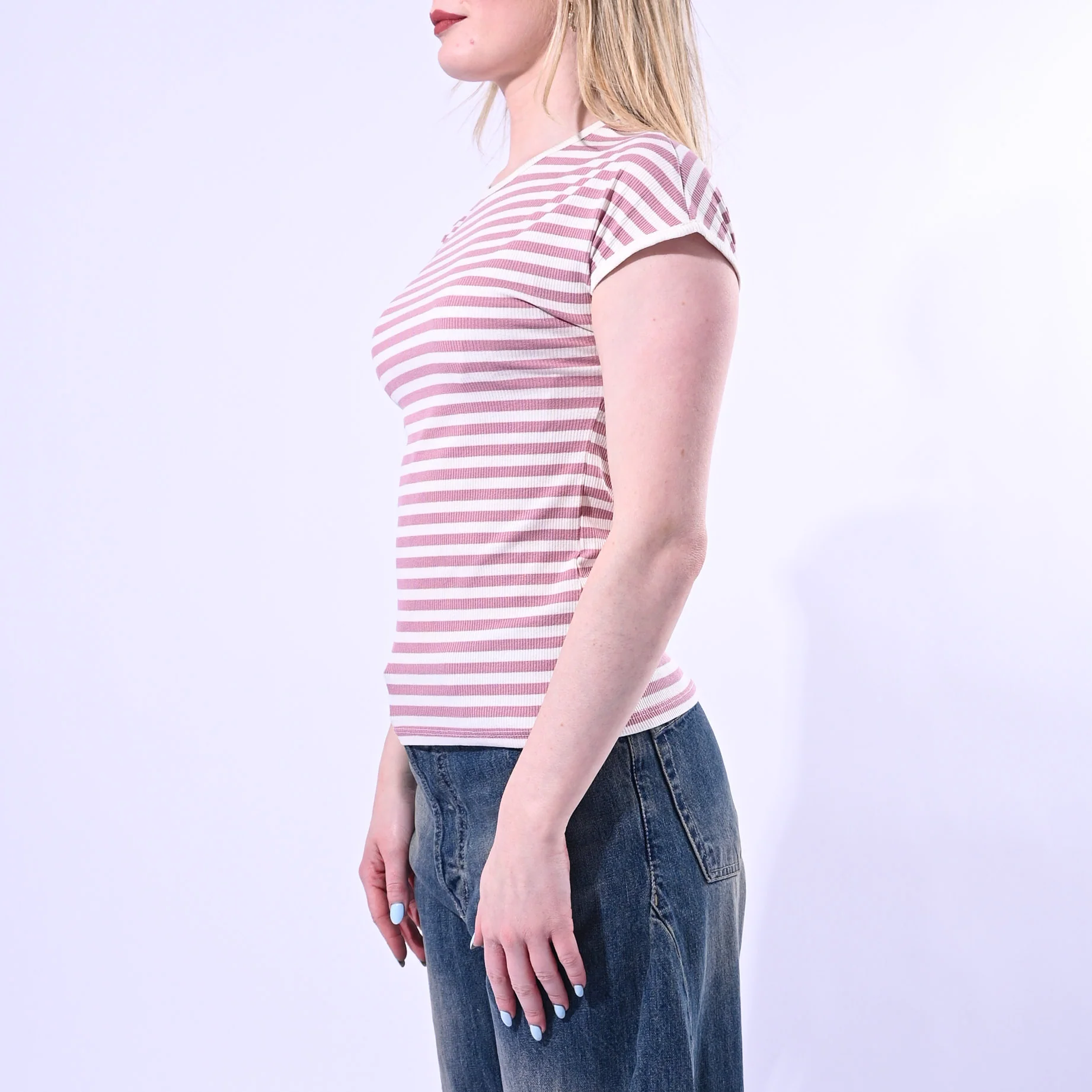 MOTEL - T-SHIRT GIROCOLLO COSTINA A RIGHE ART. 1304J/PRO - PANNA/ROSA - Image 3
