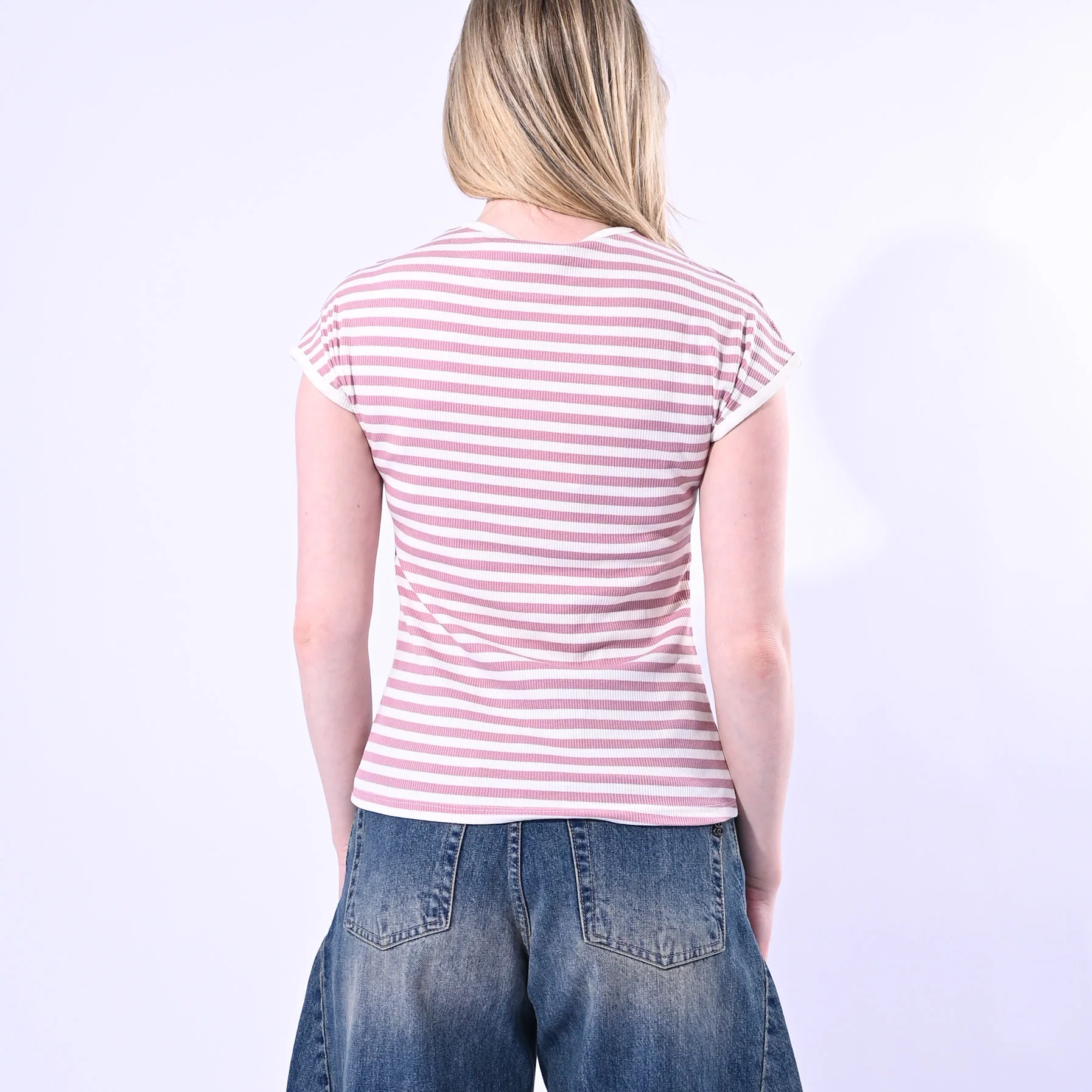 MOTEL - T-SHIRT GIROCOLLO COSTINA A RIGHE ART. 1304J/PRO - PANNA/ROSA - Image 4
