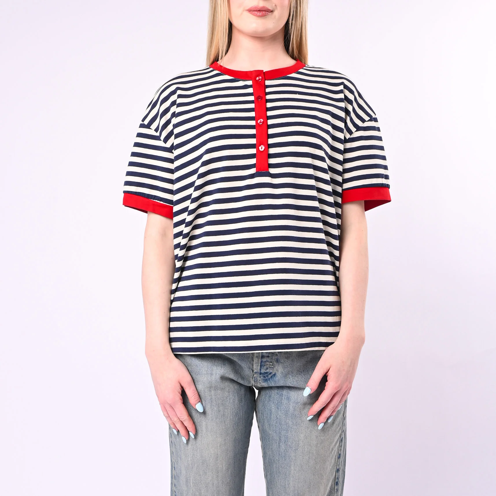 MOTEL - T-SHIRT SERAFINO A RIGHE ART.26M4812/PB - PANNA/BLU - Image 2