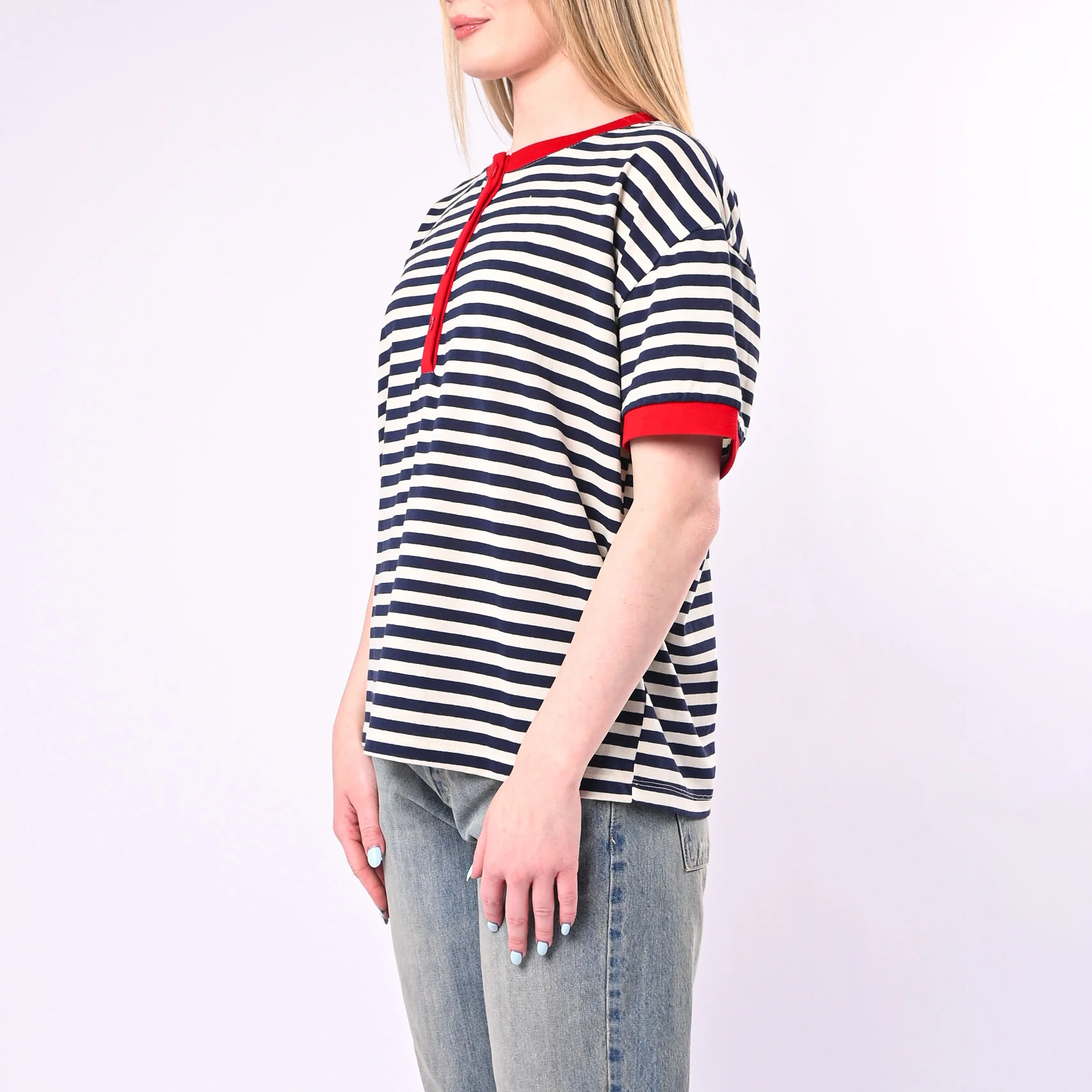MOTEL - T-SHIRT SERAFINO A RIGHE ART.26M4812/PB - PANNA/BLU - Image 3