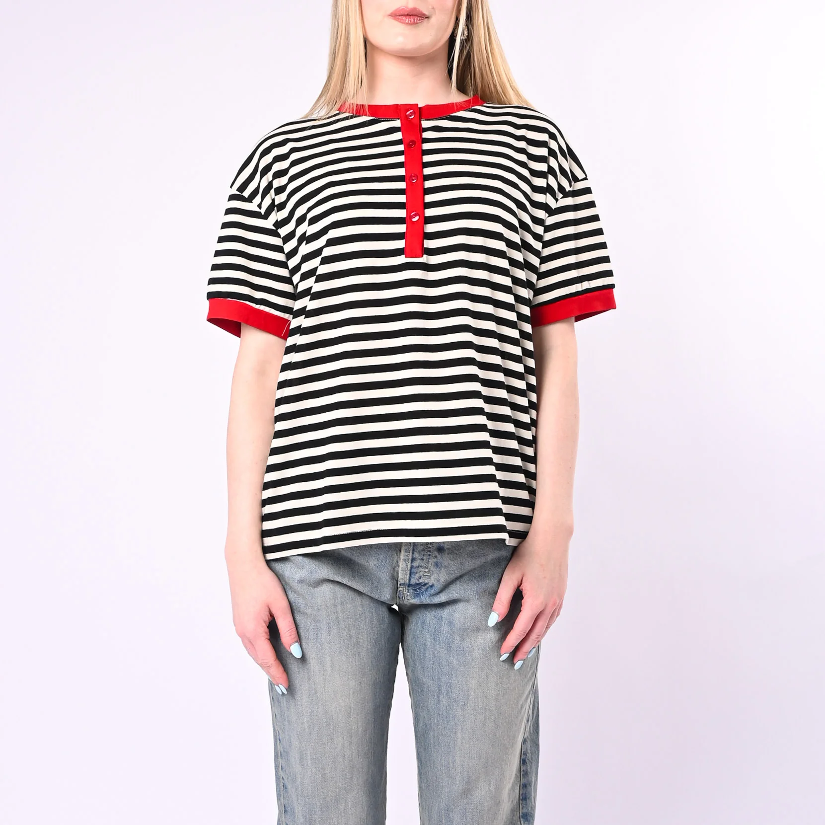 MOTEL - T-SHIRT SERAFINO A RIGHE ART.26M4812/PNR - PANNA/NERO/ROSSO - Image 2