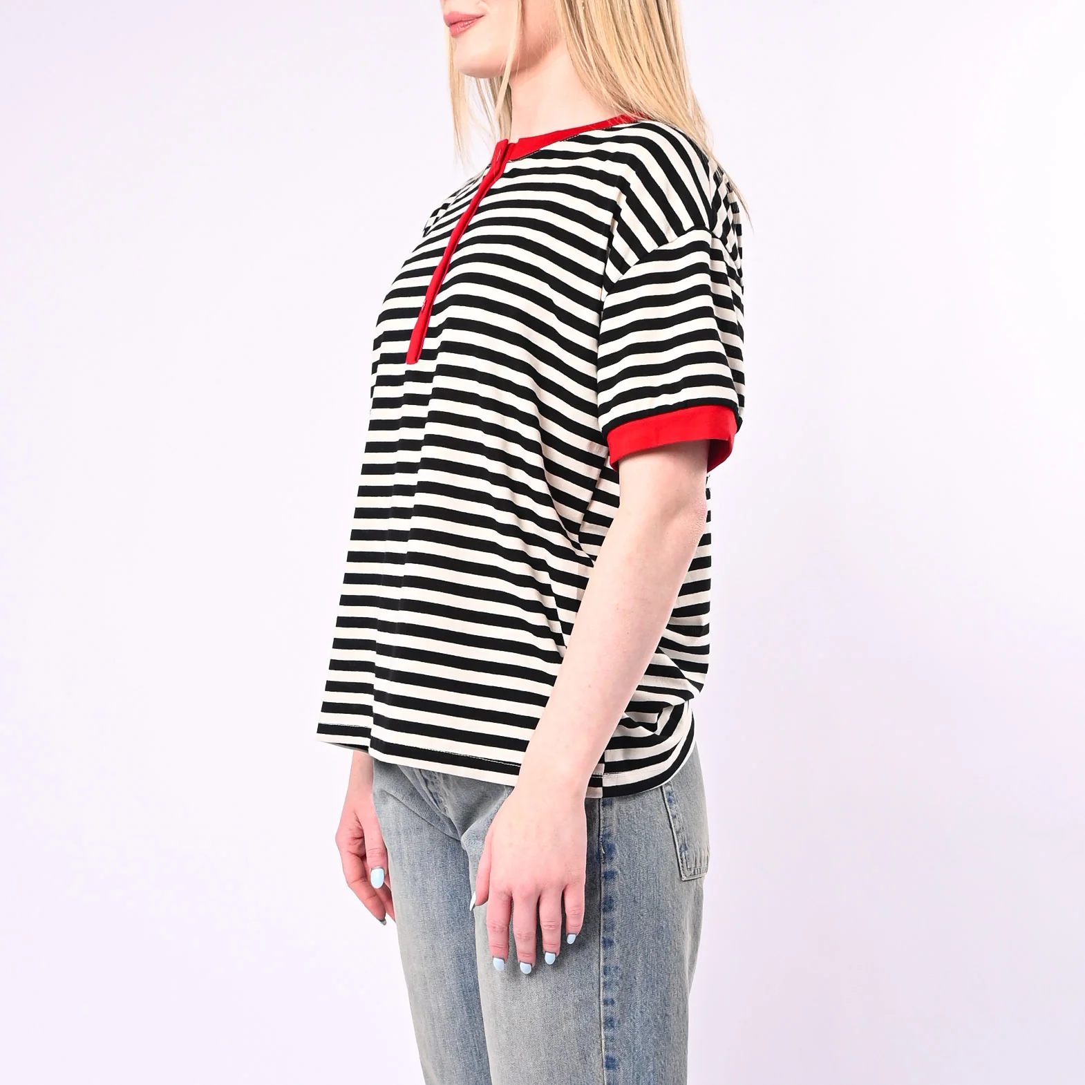 MOTEL - T-SHIRT SERAFINO A RIGHE ART.26M4812/PNR - PANNA/NERO/ROSSO - Image 3