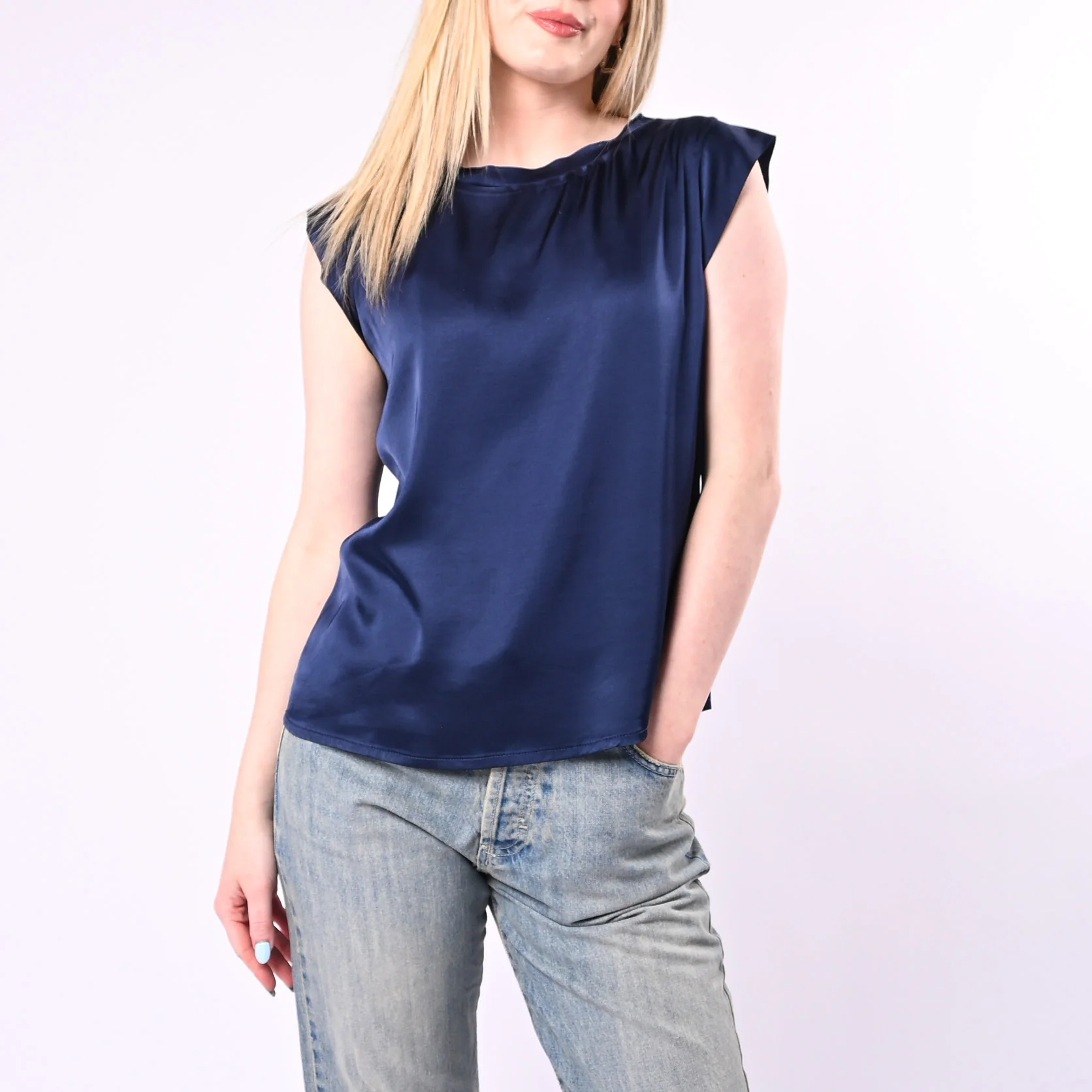 MOTEL - TOP CON ALETTE IN RASO DI VISCOSA ART.466B97/BL - BLU