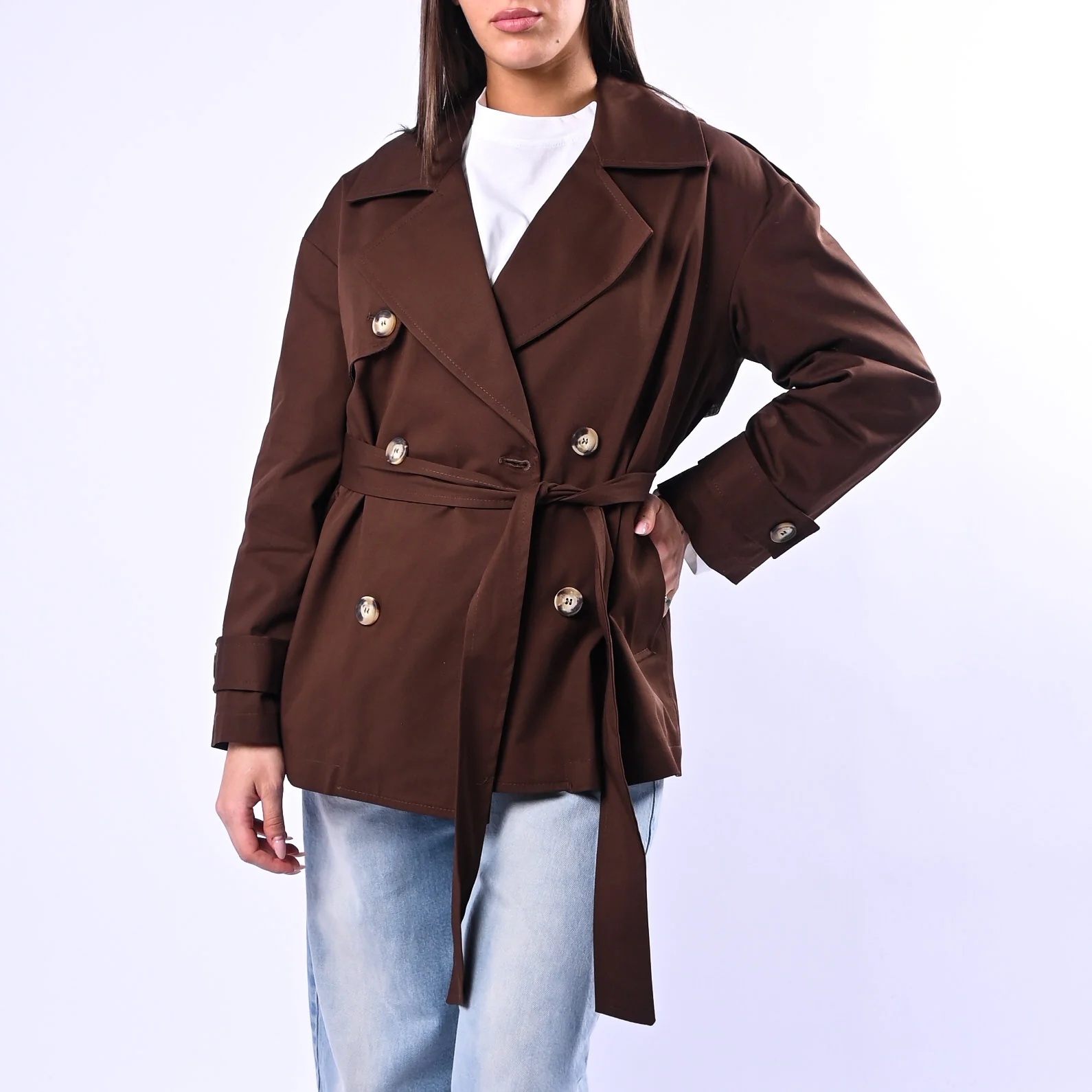 MOTEL - TRENCH CORTO DOPPIOPETTO CON CINTURA ART.CP34CT - MOKA
