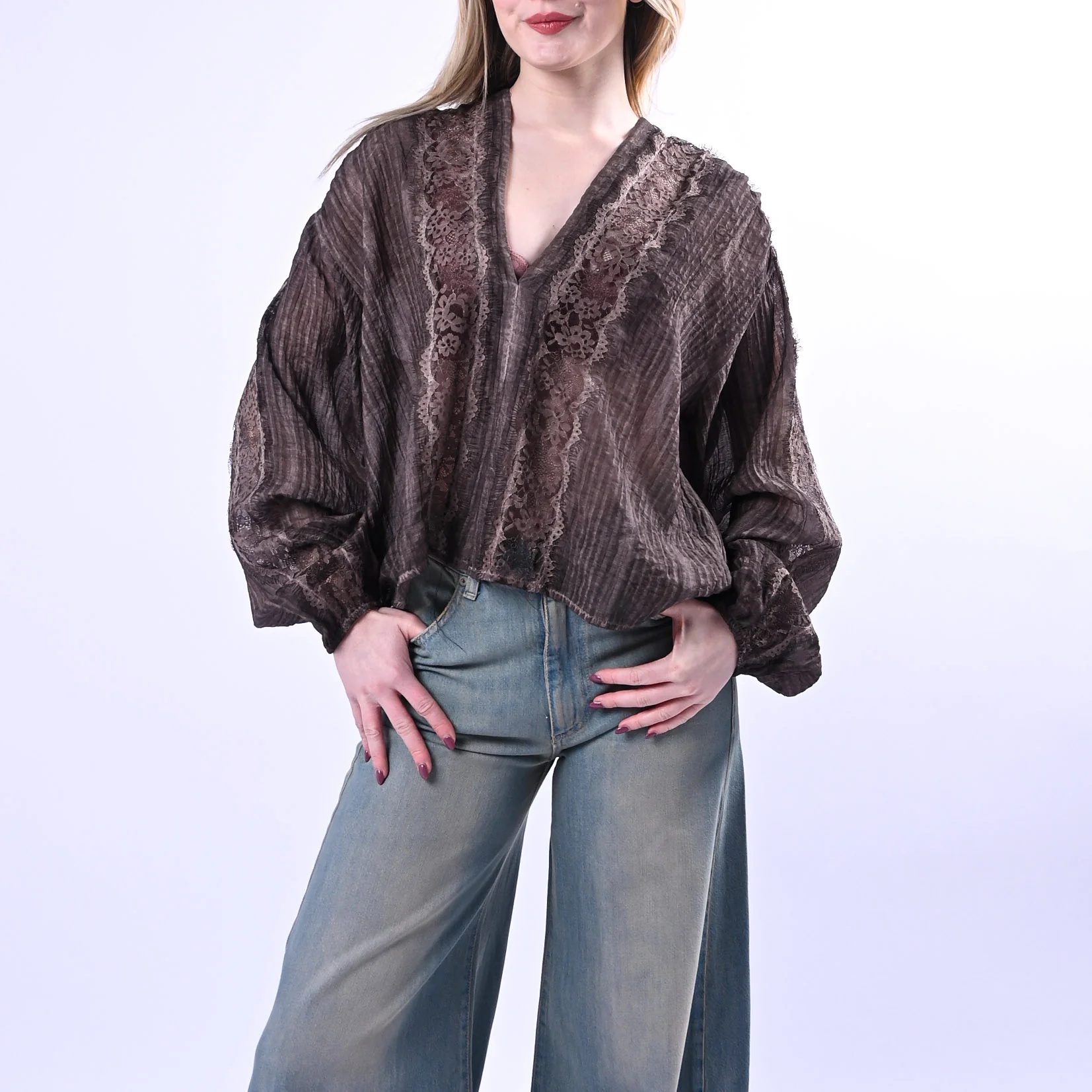 PHILIA LOFT - CAMICA SCOLLO V CON PIZZO ART.R02Y0892/M - TINTO FREDDO MORO