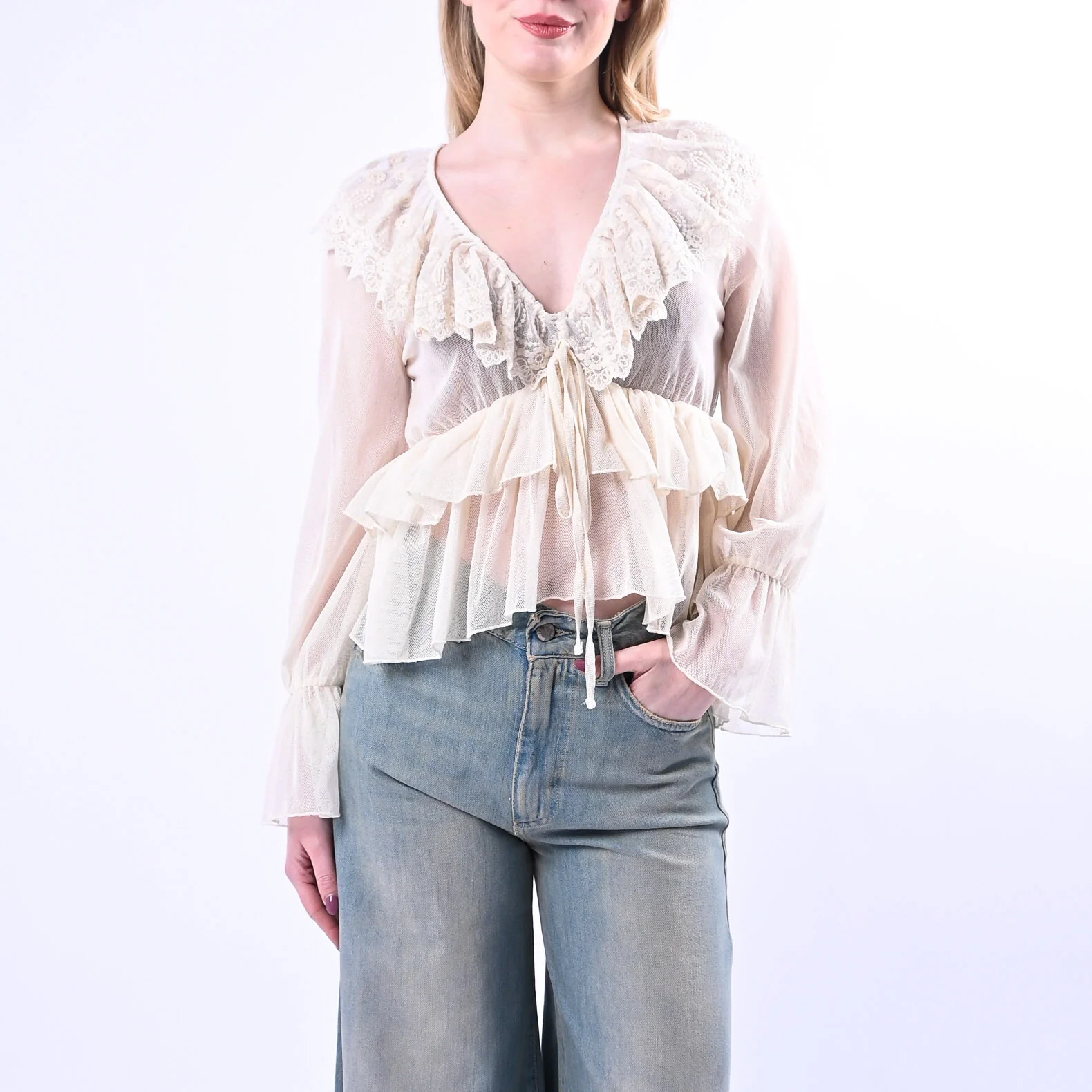 PHILIA LOFT - CAMICA SCOLLO V PIZZO CON BALZE ART.V02A0807/B - BURRO - Image 2