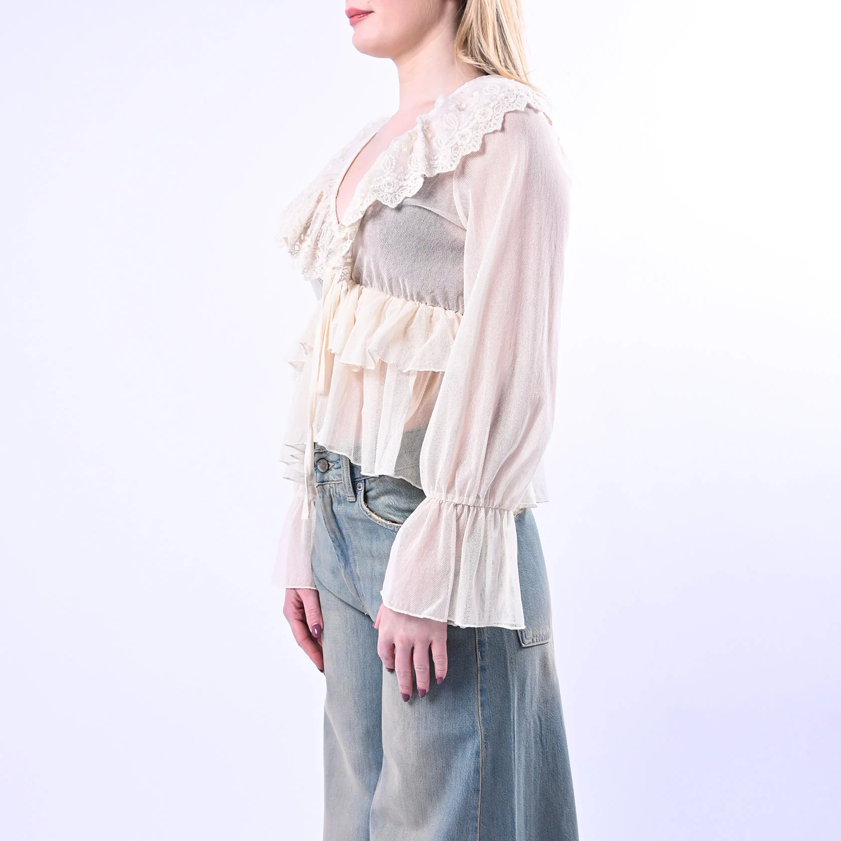 PHILIA LOFT - CAMICA SCOLLO V PIZZO CON BALZE ART.V02A0807/B - BURRO - Image 3