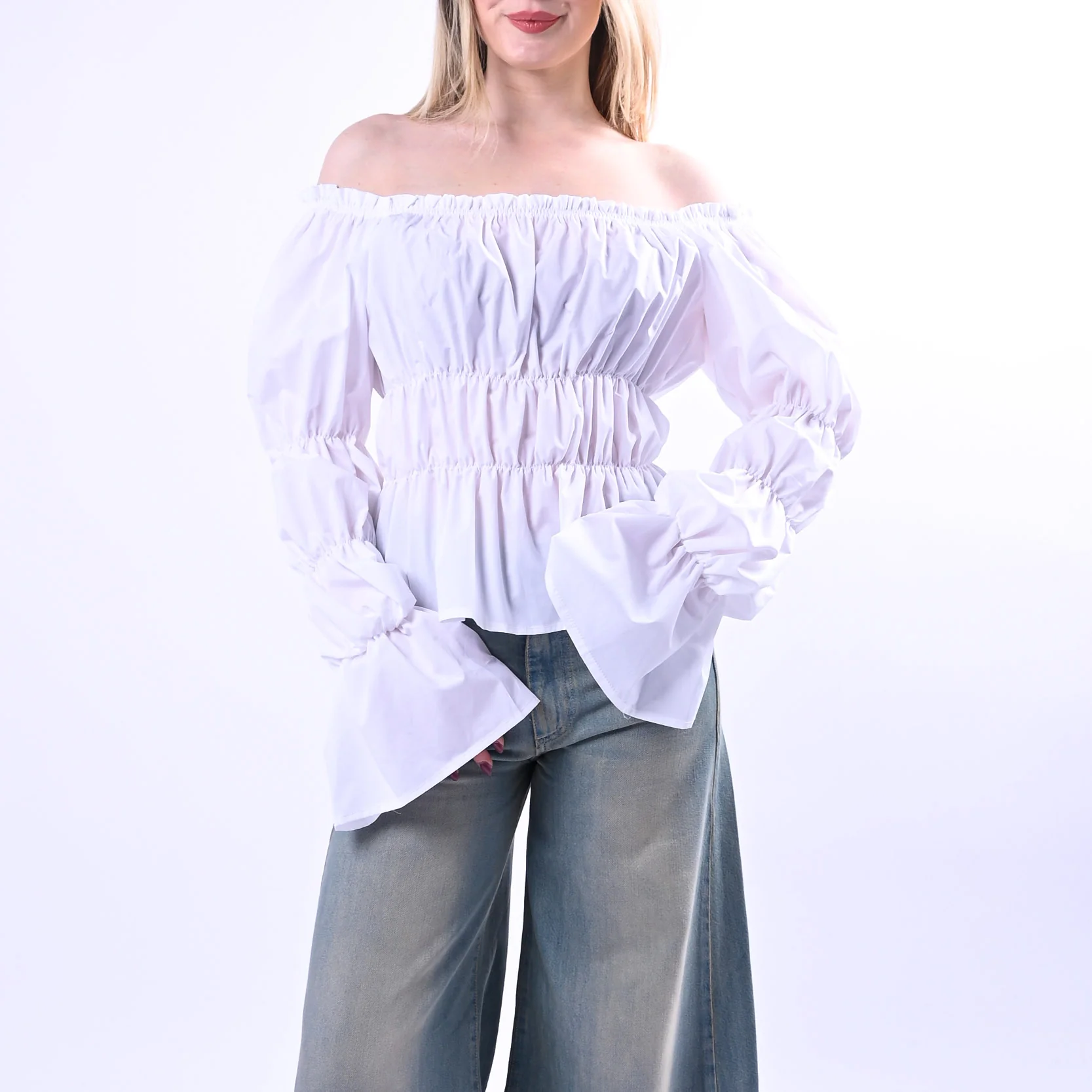 PHILIA LOFT - CAMICIA COTONE SCOLLO SHIFFER ART.V02A0908/B- BIANCO