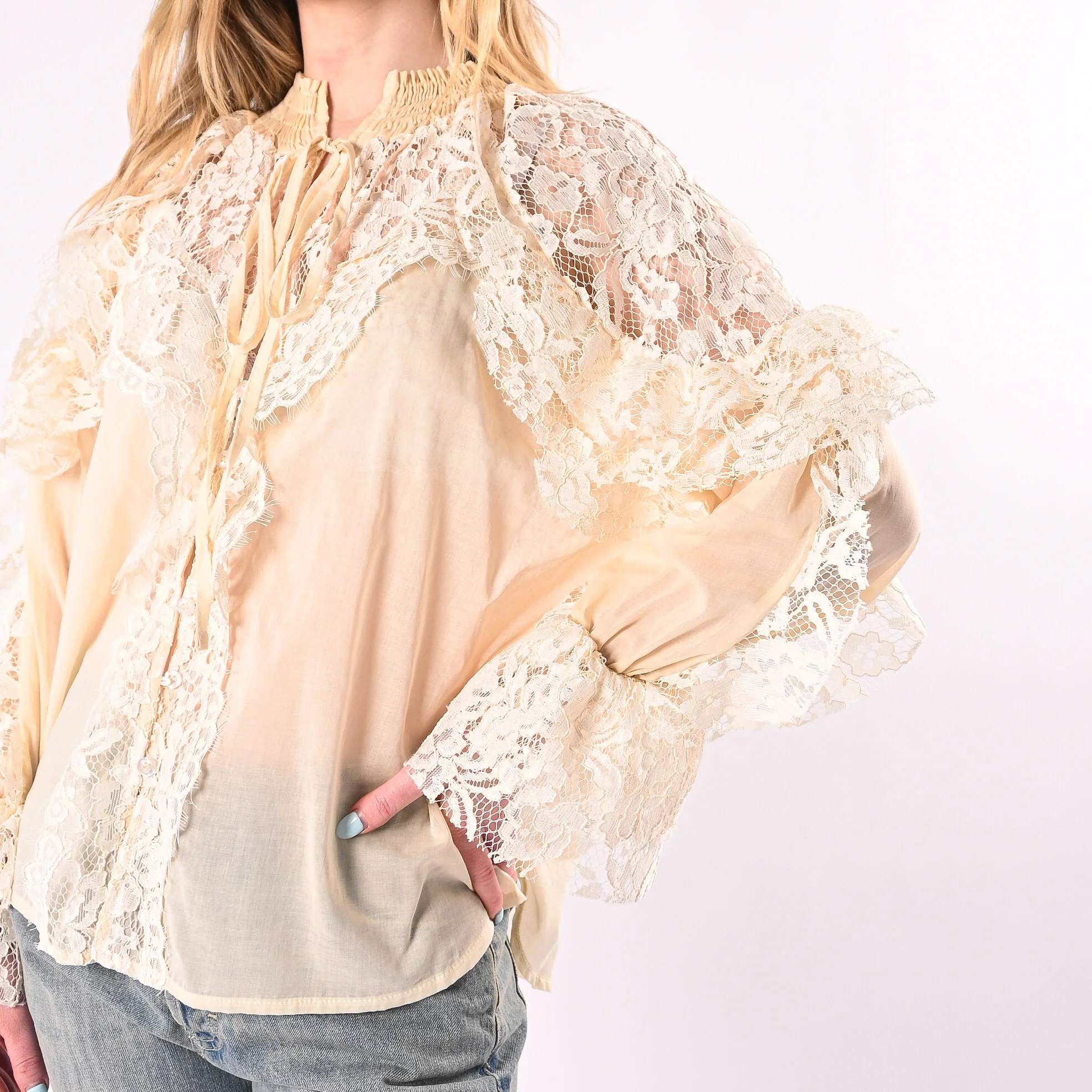 PHILIA LOFT - CAMICIA MUSSOLA CON INSERTI PIZZO ART.V02F0989/B - BURRO - Image 5