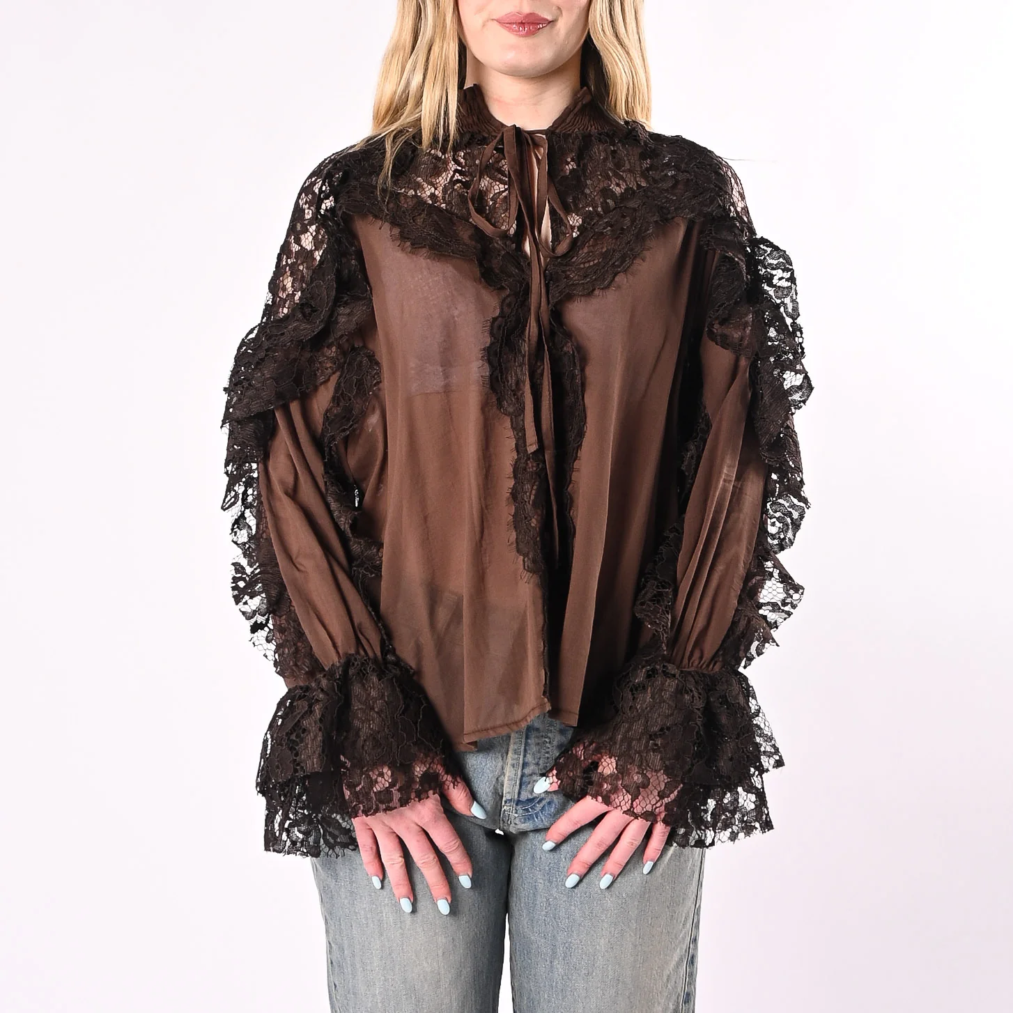 PHILIA LOFT - CAMICIA MUSSOLA CON INSERTI PIZZO ART.V02F0989/M - MORO - Image 2