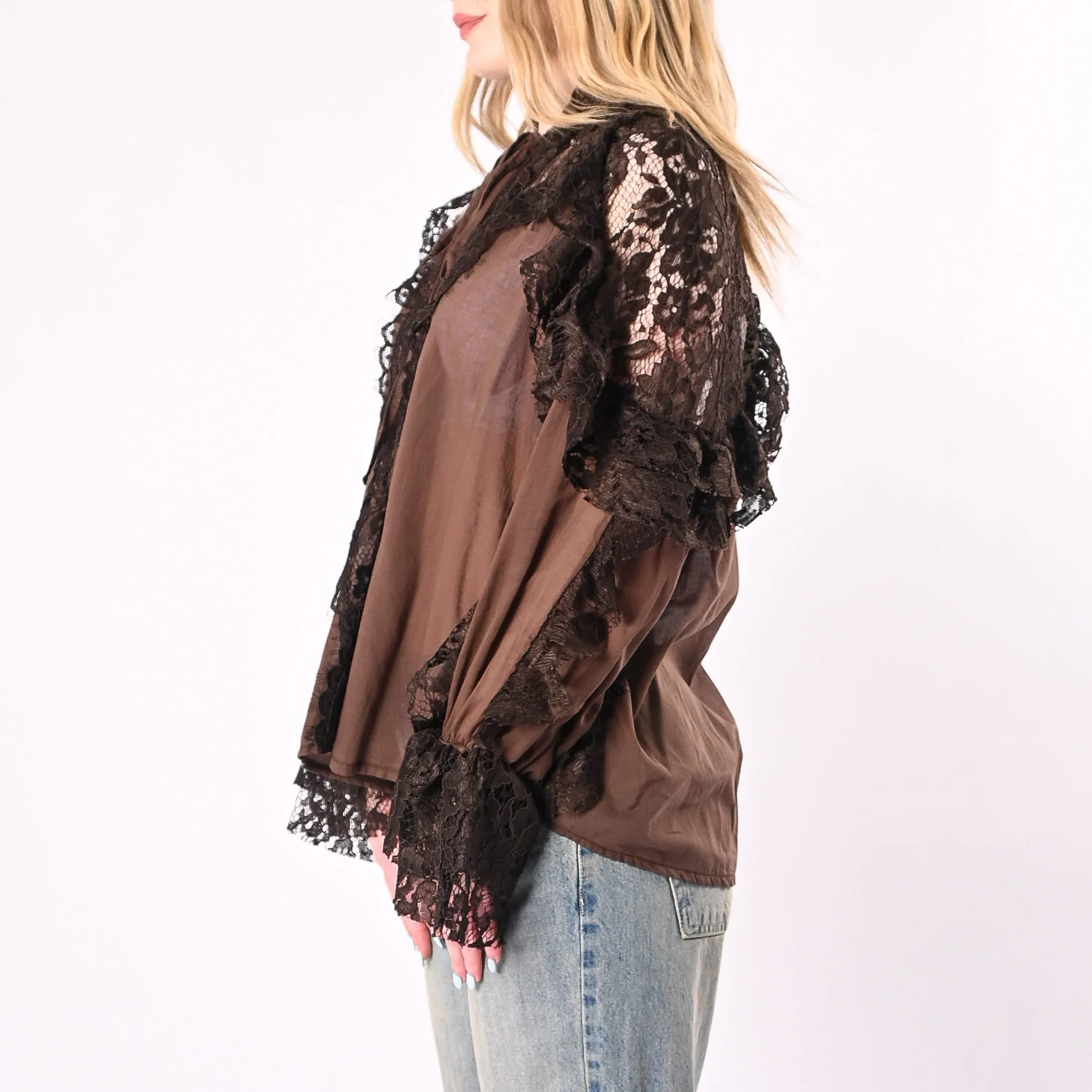PHILIA LOFT - CAMICIA MUSSOLA CON INSERTI PIZZO ART.V02F0989/M - MORO - Image 3