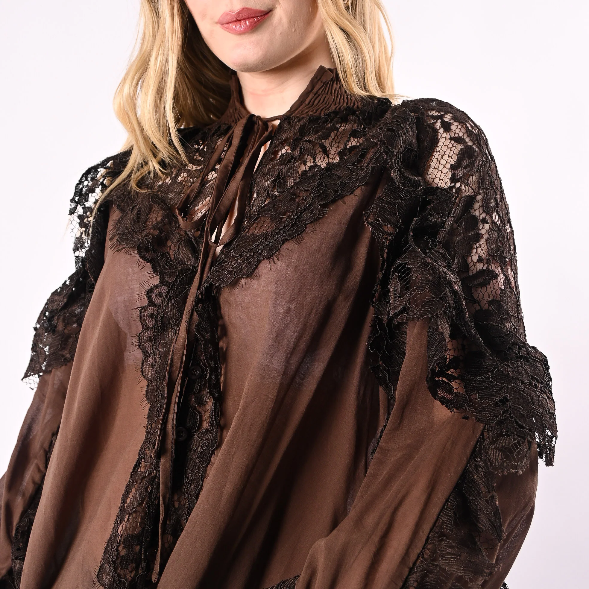 PHILIA LOFT - CAMICIA MUSSOLA CON INSERTI PIZZO ART.V02F0989/M - MORO - Image 5