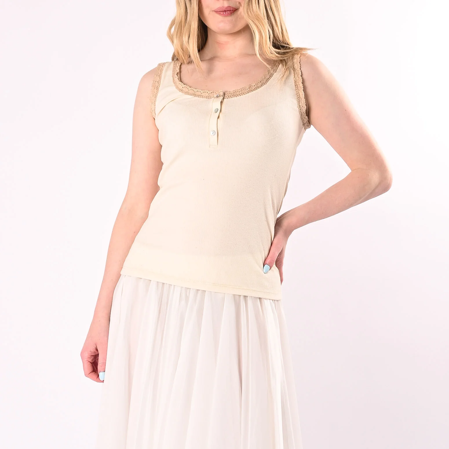 PHILIA LOFT - CANOTTA SERAFINO CON PROFILI MACRAME' ART.V02F0994/B - BIANCO