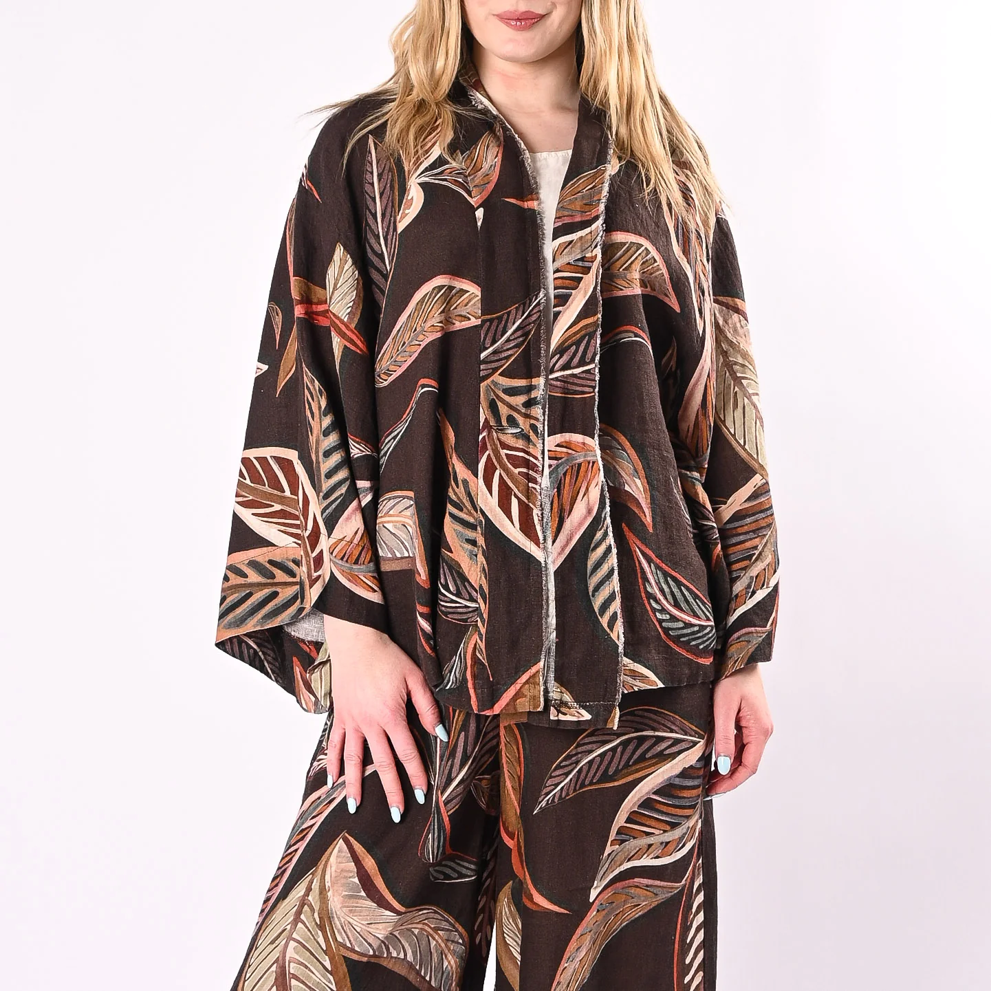PHILIA LOFT - KIMONO STAMPA FOGLIE IN LINO ART.R021086/M - MORO - Image 2