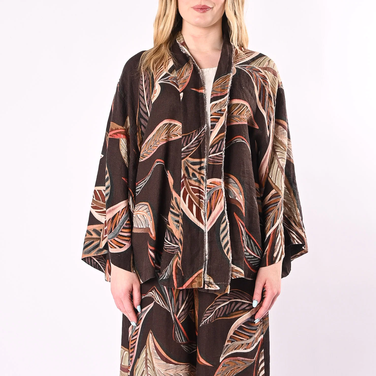 PHILIA LOFT - KIMONO STAMPA FOGLIE IN LINO ART.R021086/M - MORO - Image 3