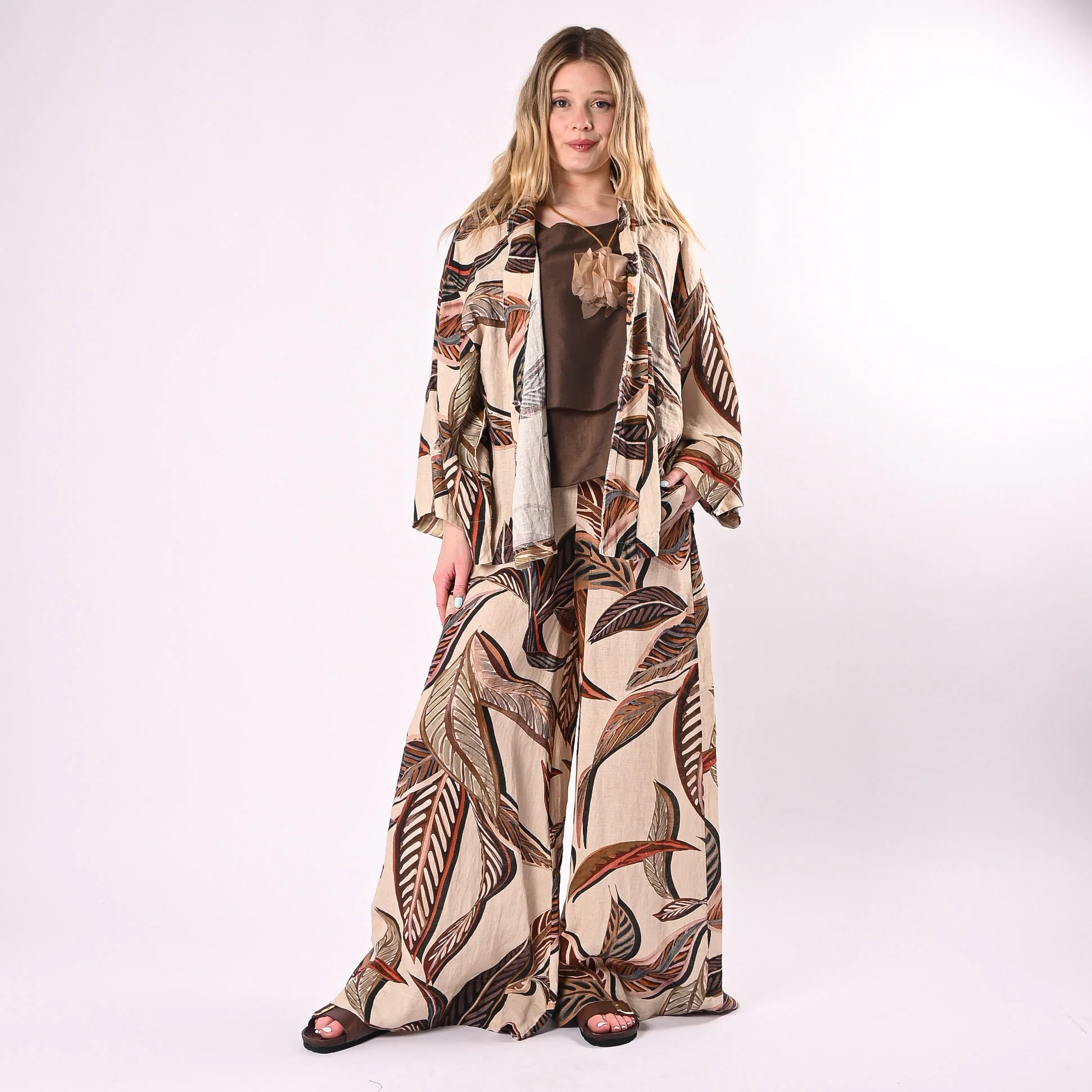 PHILIA LOFT - KIMONO STAMPA FOGLIE IN LINO ART.R021086/P - PANNA