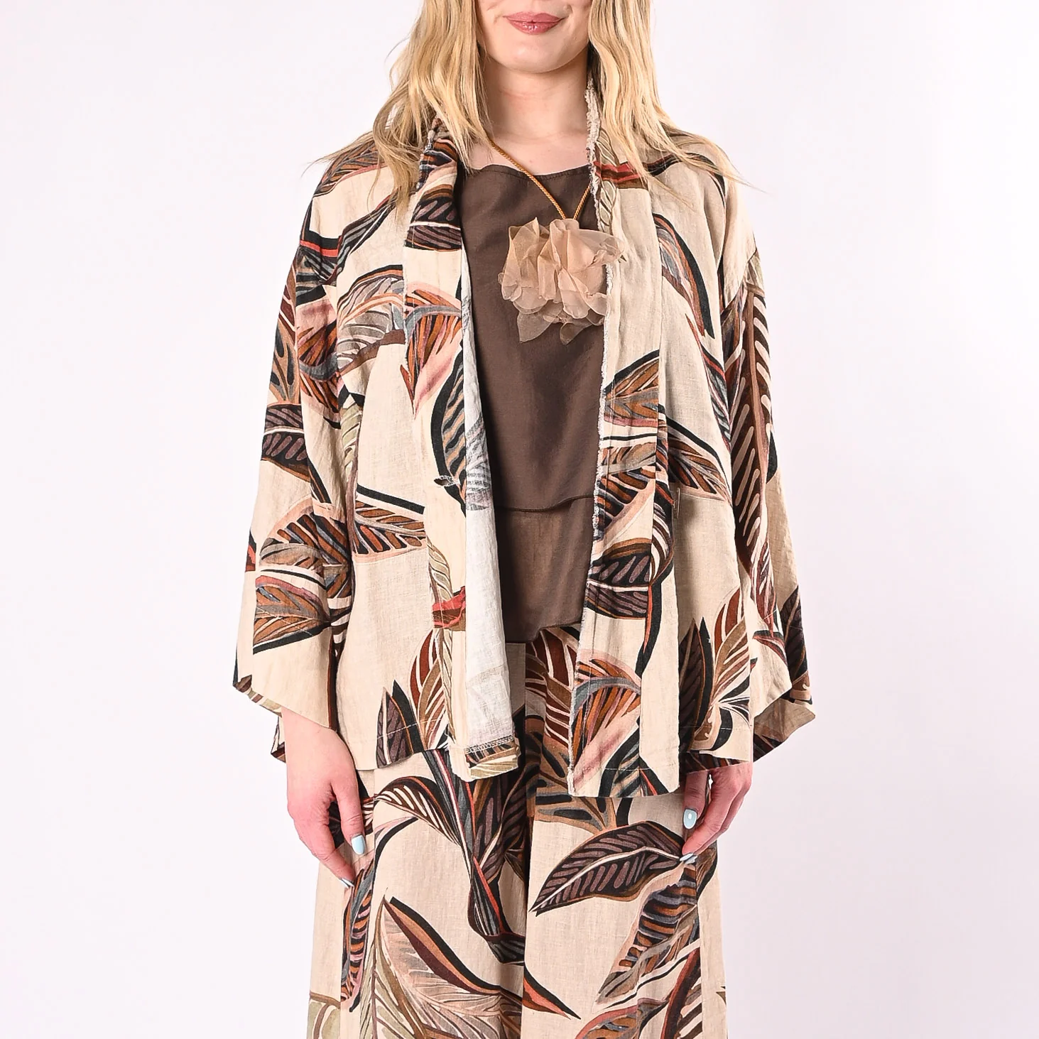 PHILIA LOFT - KIMONO STAMPA FOGLIE IN LINO ART.R021086/P - PANNA - Image 3