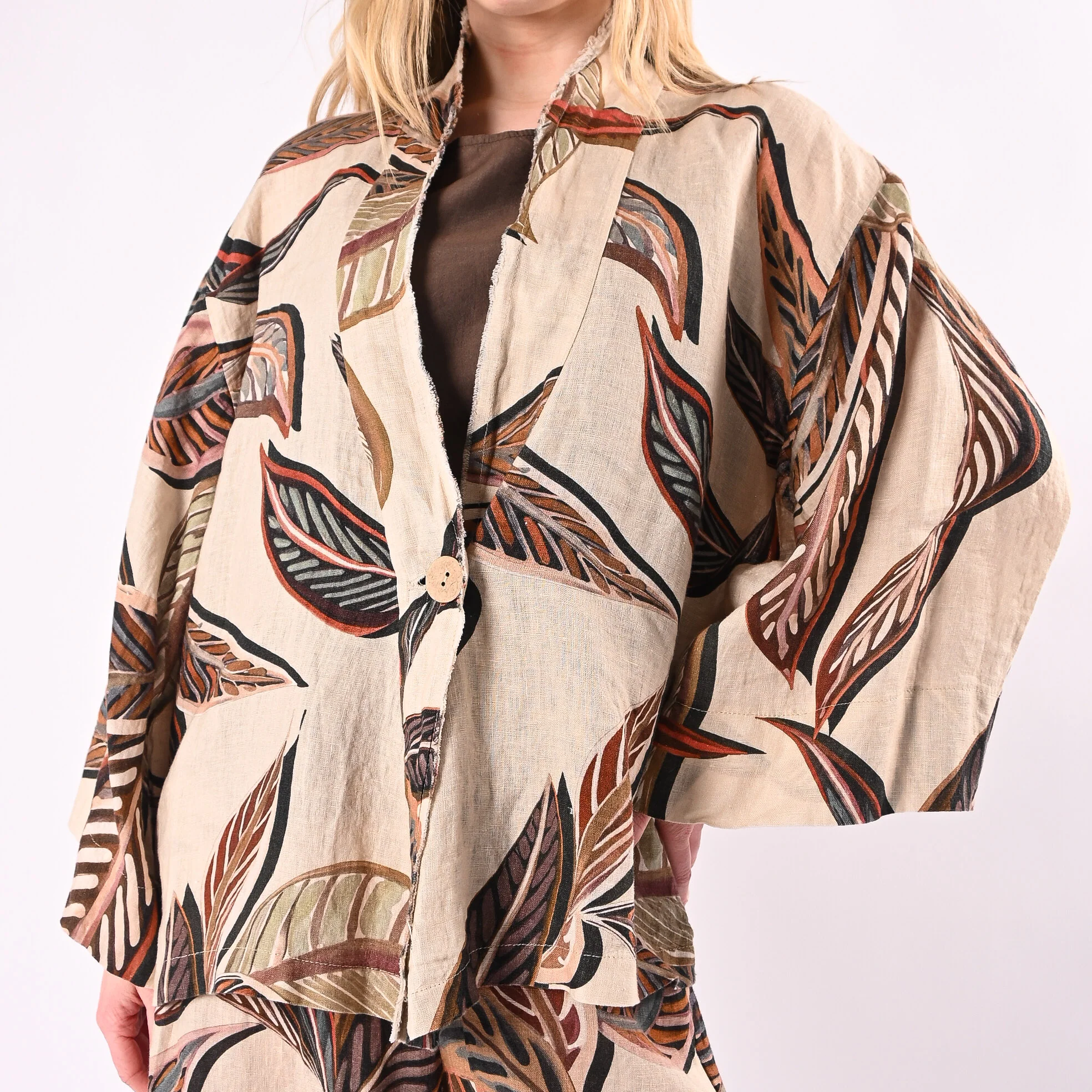 PHILIA LOFT - KIMONO STAMPA FOGLIE IN LINO ART.R021086/P - PANNA - Image 6