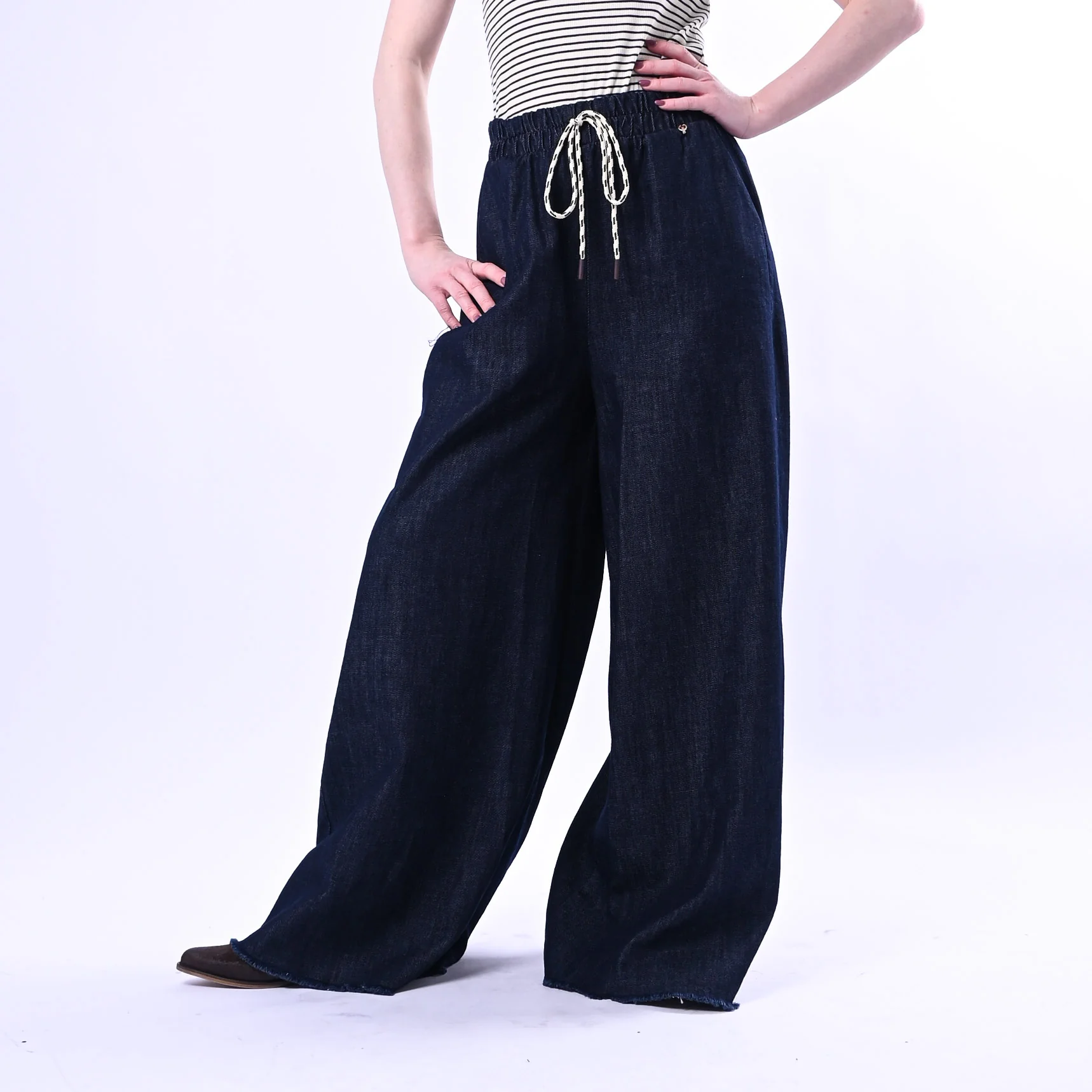 PHILIA LOFT - PANTALONE PALAZZO FLUIDO COULISSE ART.R02L0433 - DENIM SCURO
