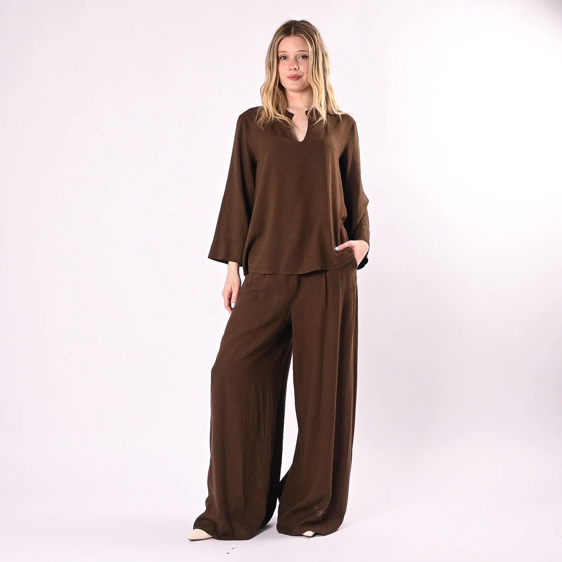 PHILIA LOFT - PANTALONE PALAZZO FLUIDO LINO/VISCOSA ART.R02L1142/M - MORO - Image 6