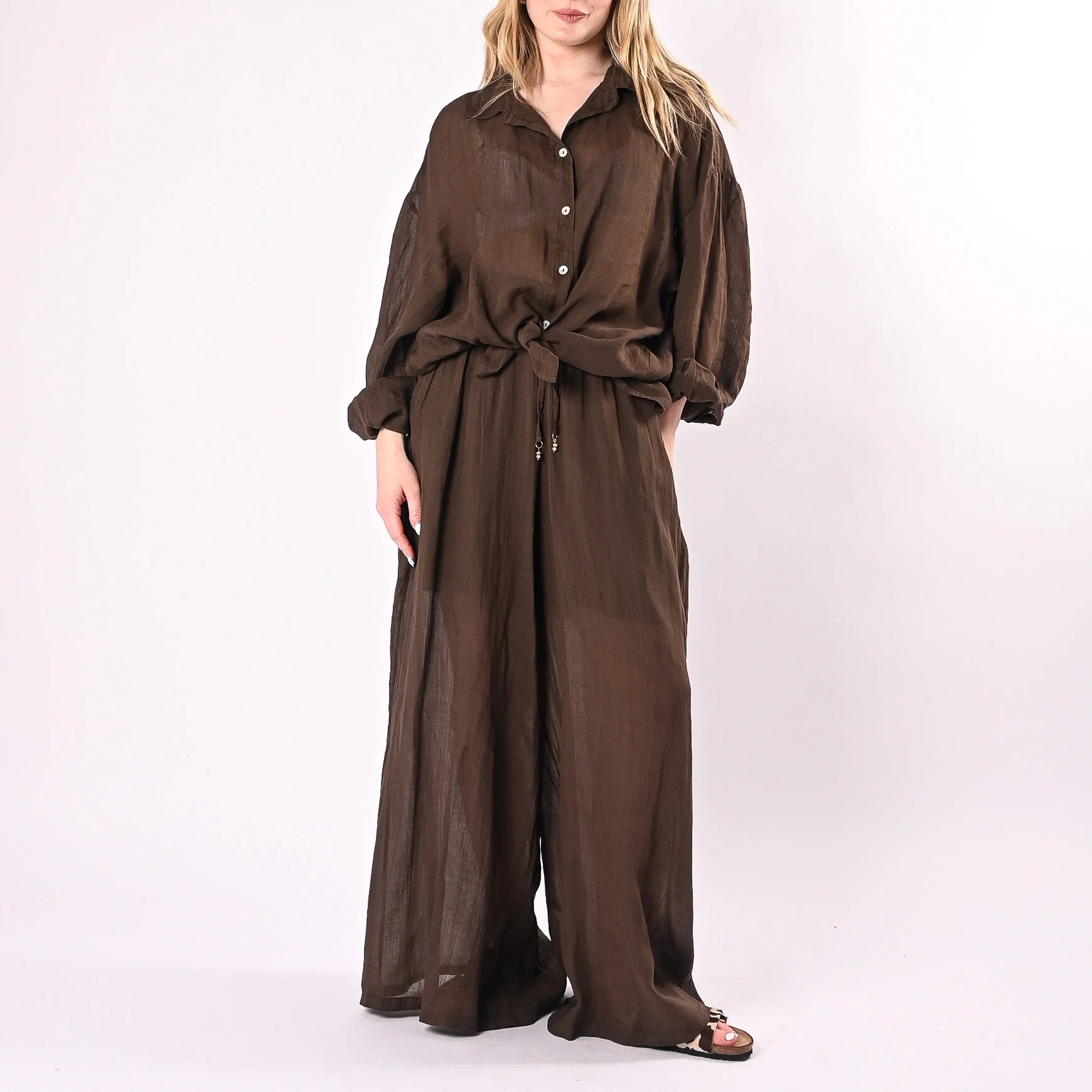 PHILIA LOFT - PANTALONE PALAZZO IN RAMIE ART.R02L1202/CI - CIOCCOLATO - Image 6