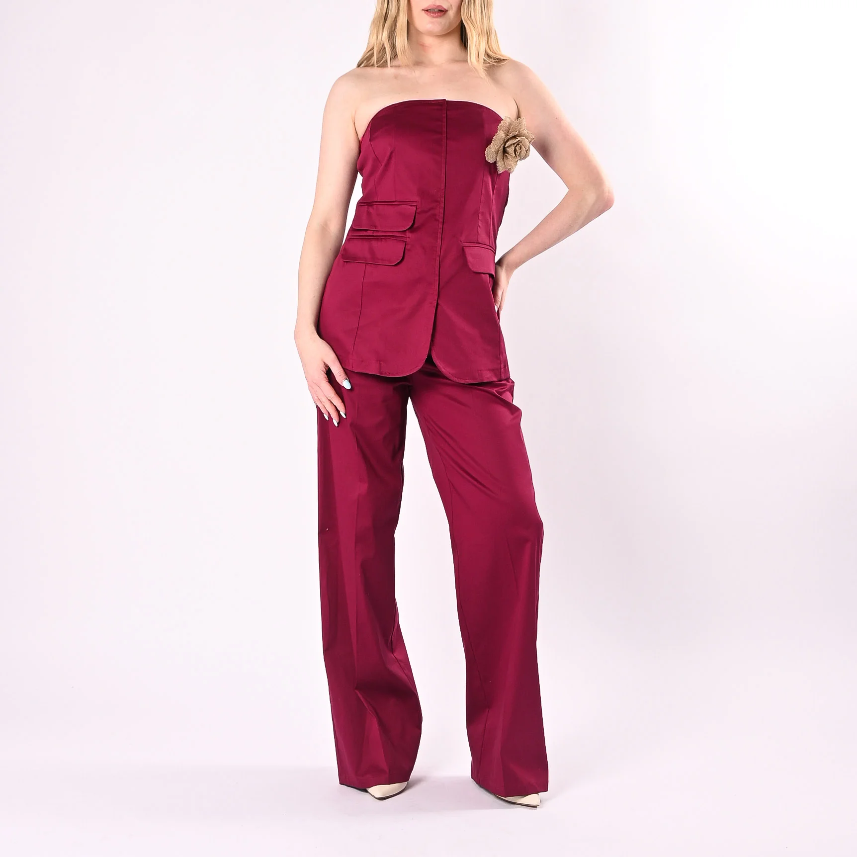 PHILIA LOFT - PANTALONE PALAZZO IN RASATELLO ART.M02M1213/A - AMARENA - Image 6