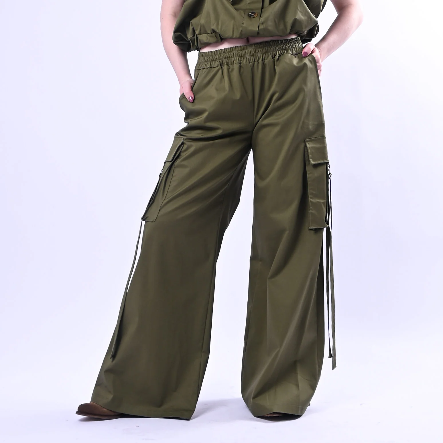 PHILIA LOFT - PANTALONE PALAZZO SAFARI CON TASCONI ART.D02N0664 - MILITARE