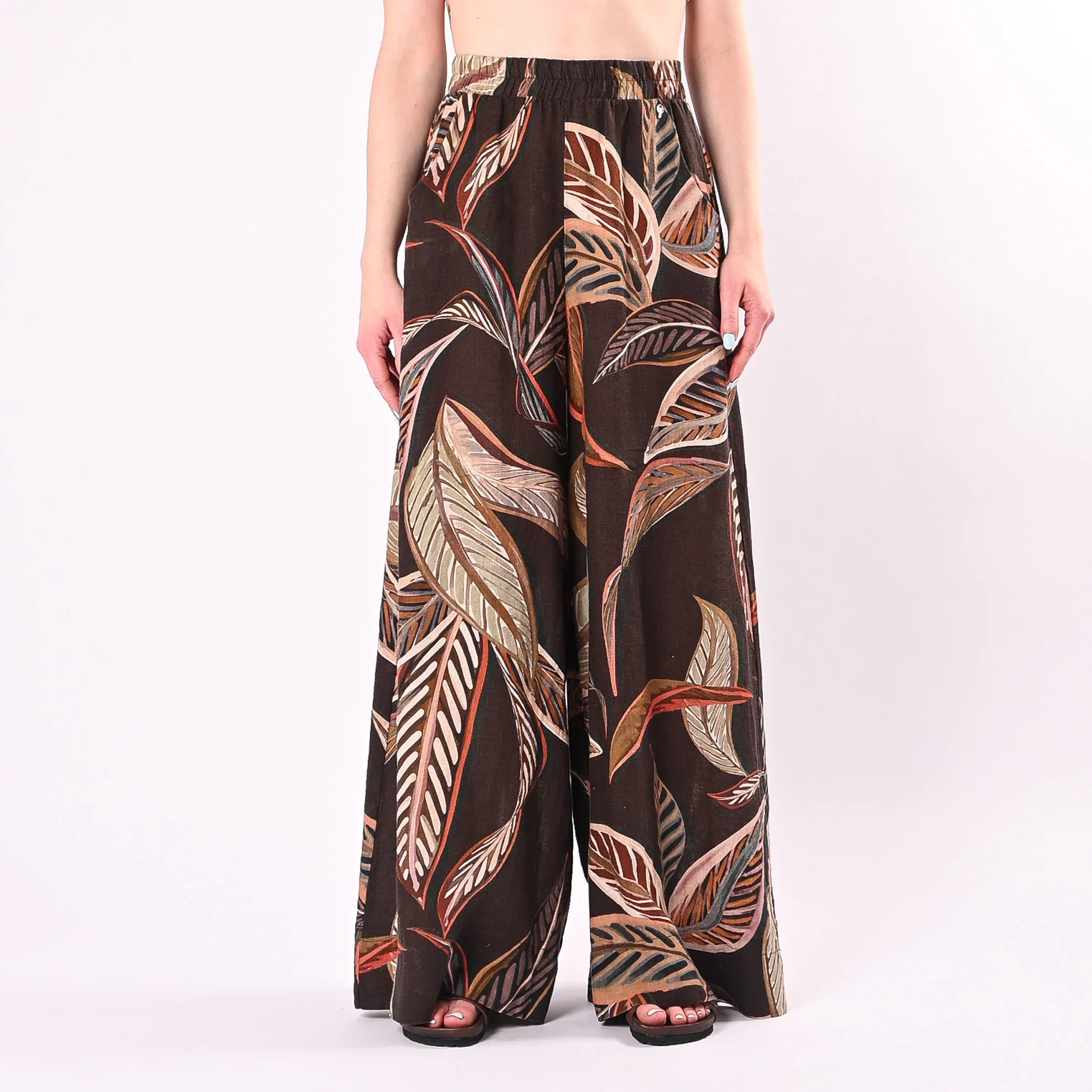PHILIA LOFT - PANTALONE PALAZZO STAMPA FOGLIE IN LINO ART.R02L1090/M - MORO - Image 2