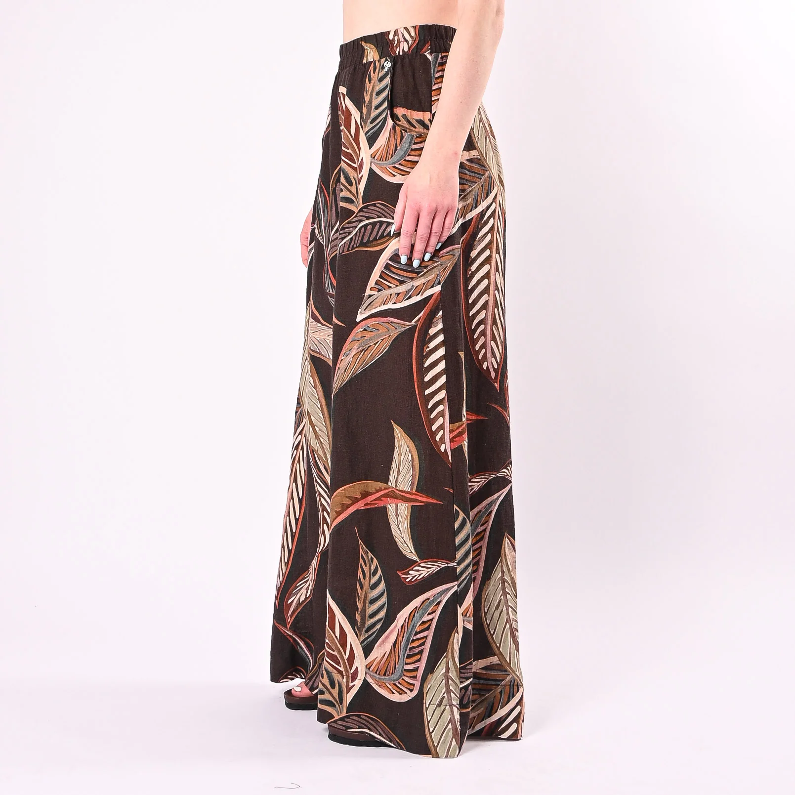 PHILIA LOFT - PANTALONE PALAZZO STAMPA FOGLIE IN LINO ART.R02L1090/M - MORO - Image 3